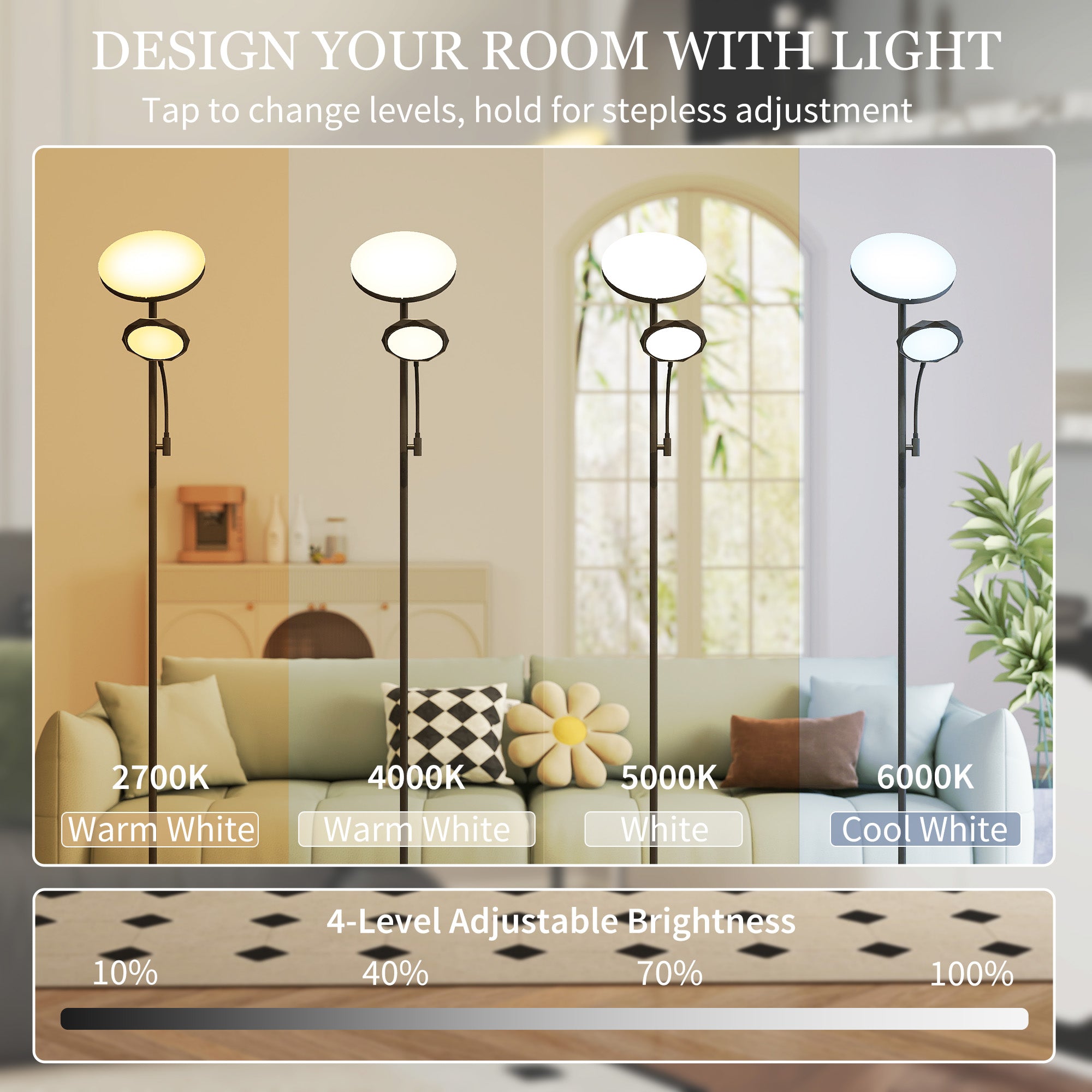 HOMCOM Mother and Child Uplighter Floor Lamp for Living Room, Stepless Dimmable Standing Lamp with Reading Light, 4 Scene Modes, 2700K-6500K Colour Temps, 4 Brightness Levels, Remote Control, Black