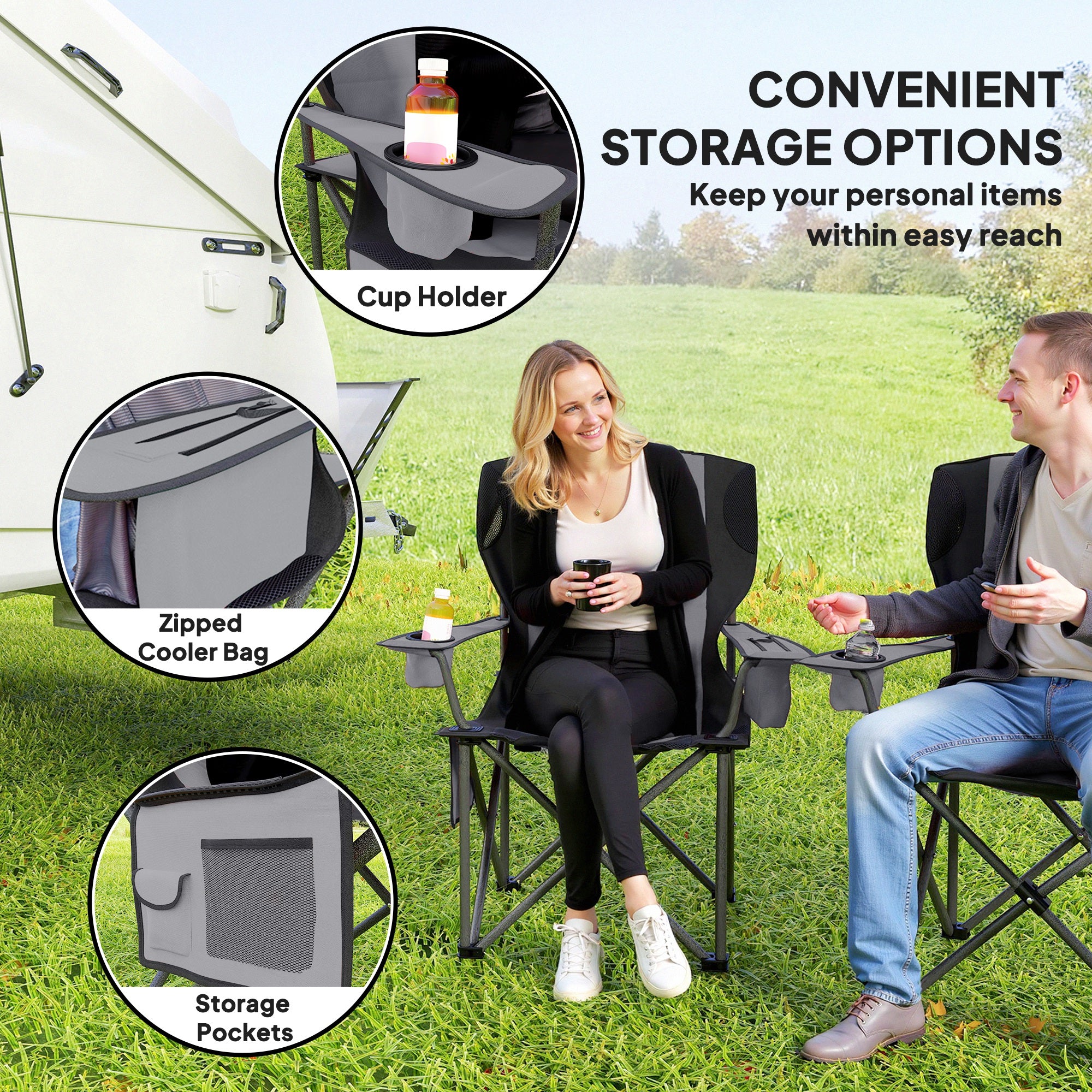 Outsunny Set of 2 Folding Camping Chairs, Padded Camping Chairs with Adjustable Armrests, Portable & Lightweight Folding Camp Chair with Cooler Bag, Cup Holder and Side Pockets, Grey - North Peak Garden Furniture