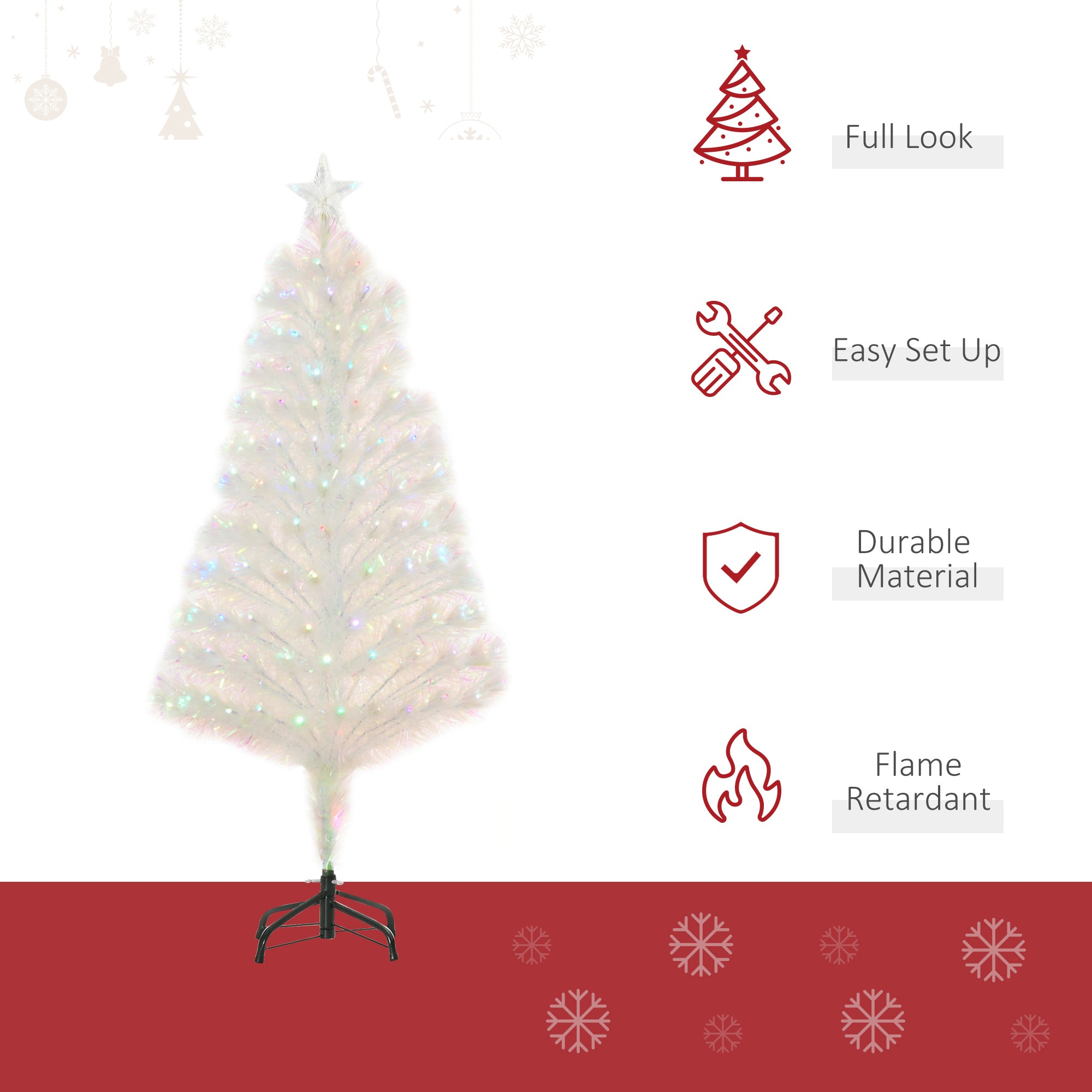 HOMCOM 4 Feet Prelit Artificial Christmas Tree with Fiber Optic LED Light, Holiday Home Xmas Decoration, White - North Peak Garden Furniture
