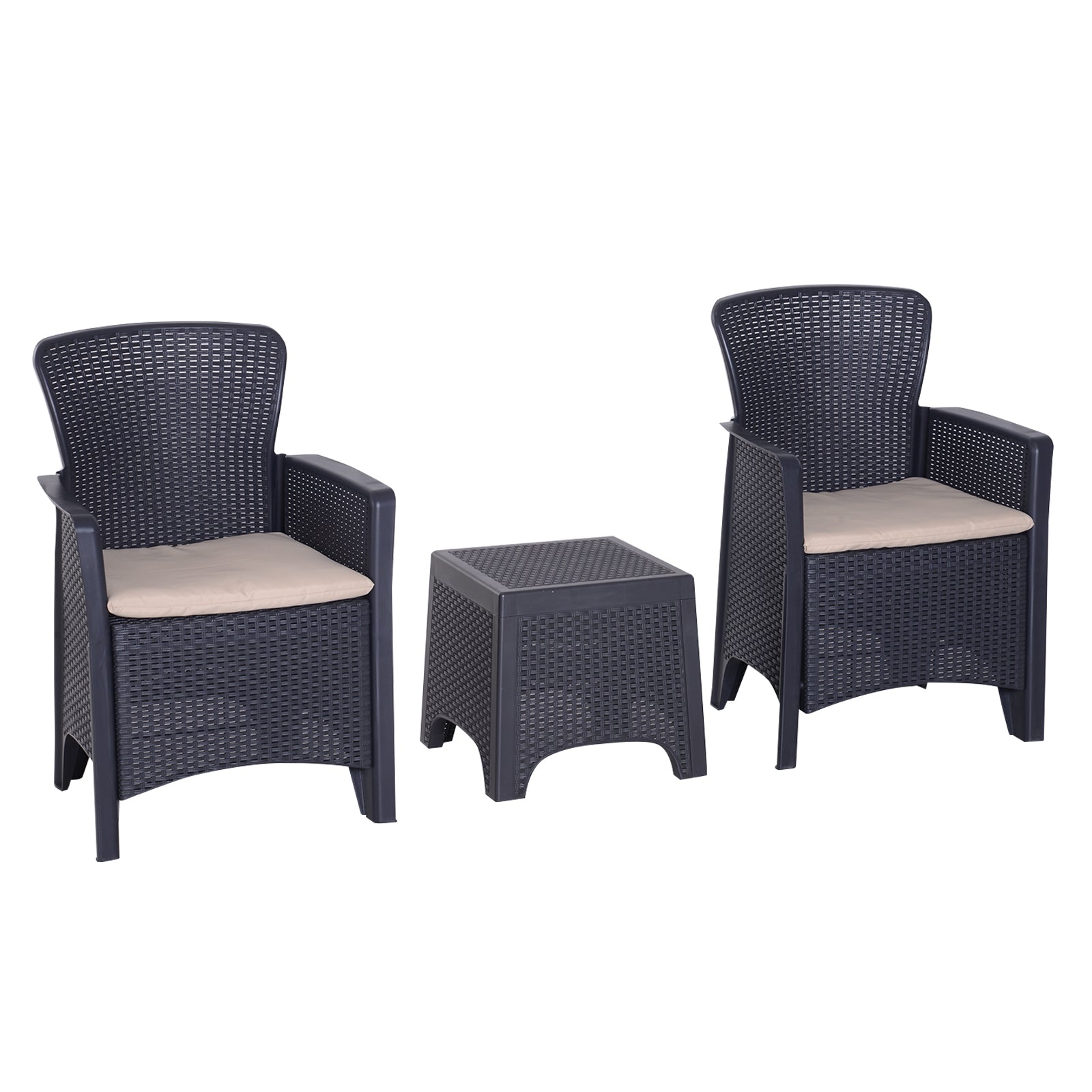 Outsunny 3 PCS Rattan Effect Garden Bistro Set 2 Chairs & Coffee Table Set with Cushion Patio Lawn Balcony Furniture - Dark Brown - North Peak Garden Furniture