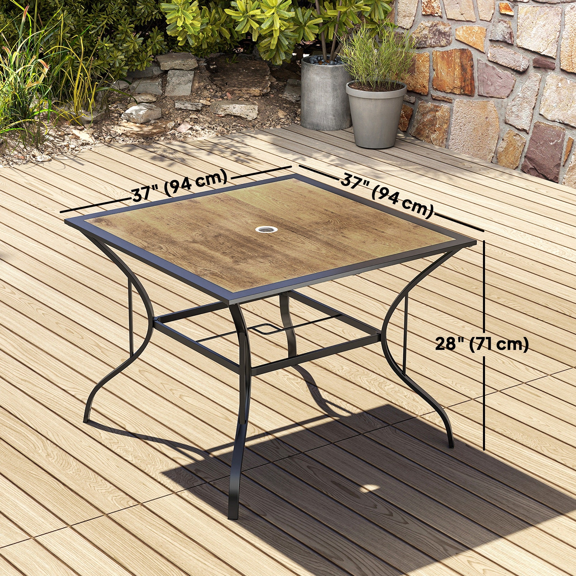 Outsunny Outdoor Garden Table Dining Table for 4 with Parasol Hole, Stone-Grain Effect PC Board Top for Patio, Garden, Brown - North Peak Garden Furniture