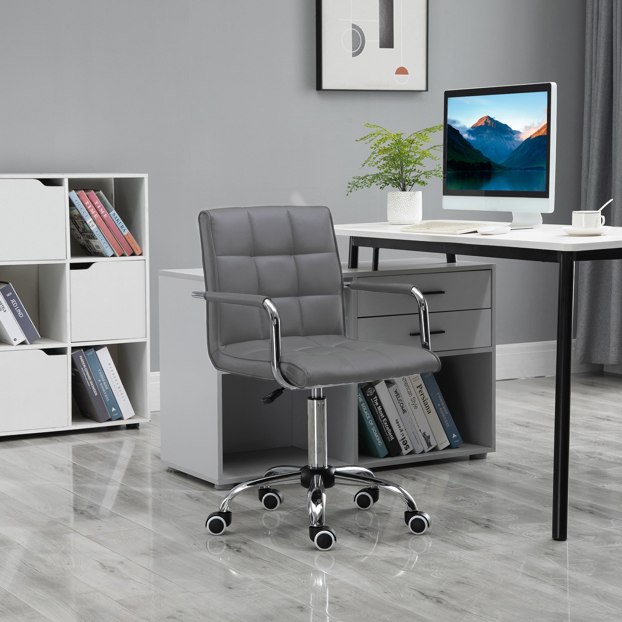 Vinsetto PU Leather Home Office Desk Chair, Computer Chair with Mid Back, Arm, Swivel Wheels, Adjustable Height, Grey - North Peak Garden Furniture