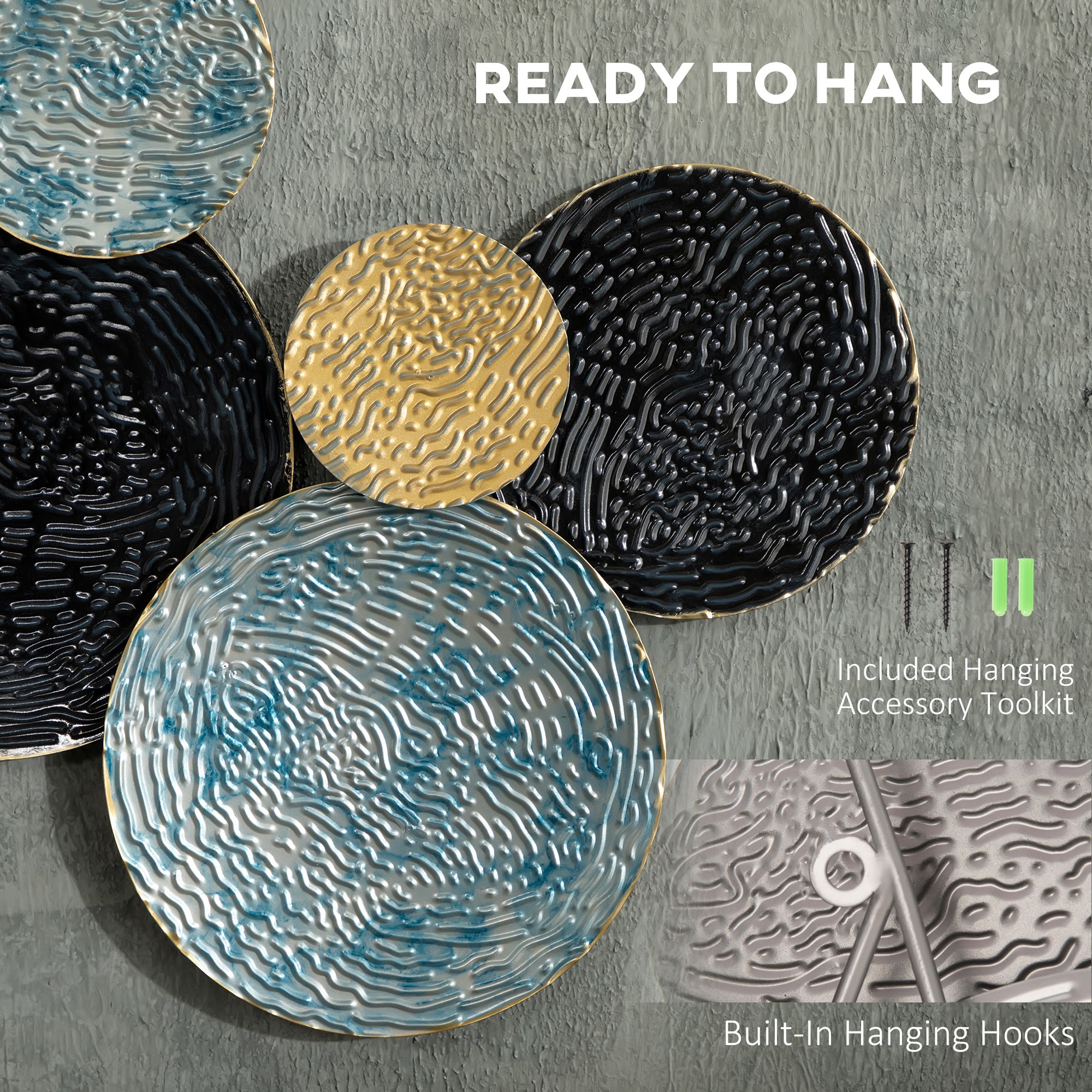 HOMCOM 3D Metal Wall Art Modern Circle Hanging Wall Sculptures Home Decor for Living Room Bedroom Dining Room, Blue Black Gold - North Peak Garden Furniture