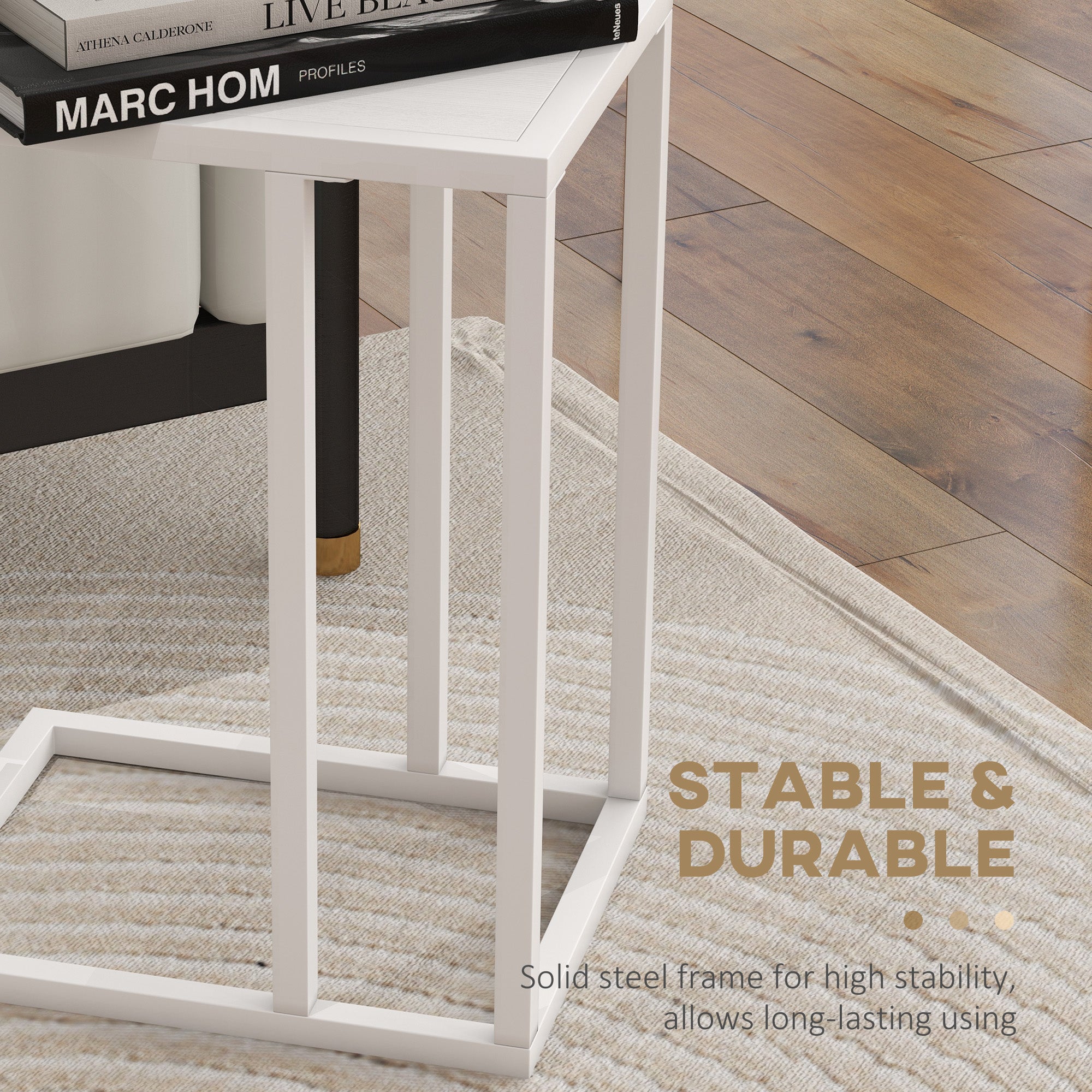 HOMCOM C Shape Bedside Table w/Metal Frame Wood-Effect Top Sofa Narrow Snack End Table for Living Room, White - North Peak Garden Furniture