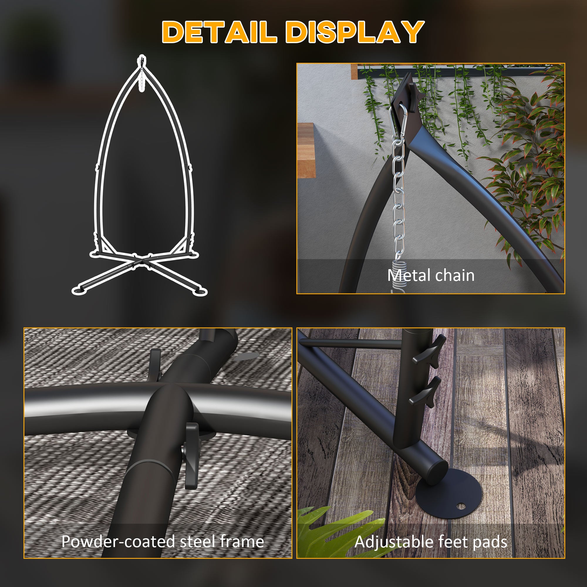 Outsunny Hammock Chair Stand, Hanging Heavy Duty Metal Frame Hammock Stand with Chain, for Hanging Hammock Air Porch Swing Chair, Egg Cahir, Indoor & Outdoor Use, Black - North Peak Garden Furniture