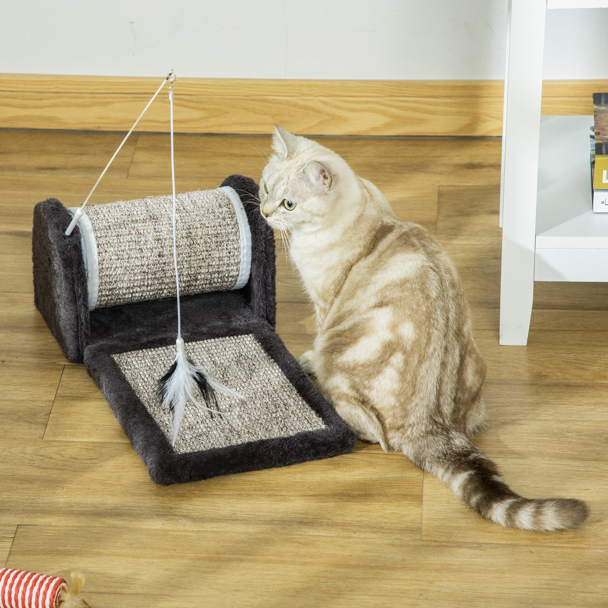 PawHut Cat Scratcher, Sisal Cat Scratching Board Mat Pad with Roller, Feather Toy, 44 x 24 x 16 cm, Grey - North Peak Garden Furniture