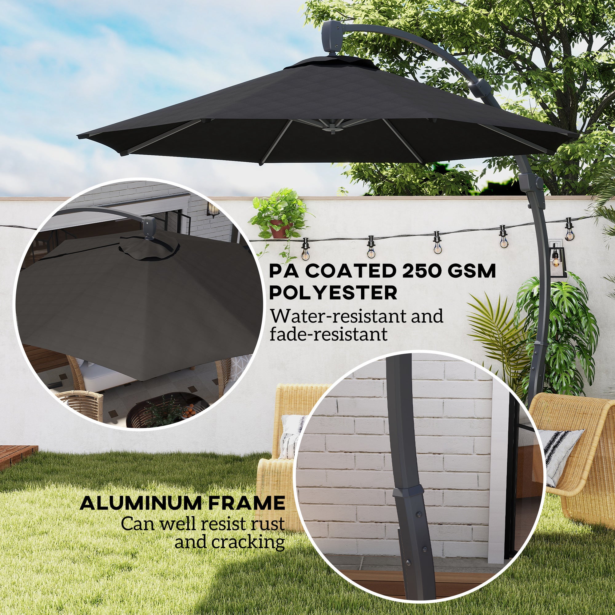 Outsunny 3(m) Garden Cantilever Parasol, Round Overhanging Umbrella with Crank Handle, Cross Base, Aluminium Frame and 360° Rotation, Banana Patio Umbrella for Outdoor Sun Shade, Black - North Peak Garden Furniture