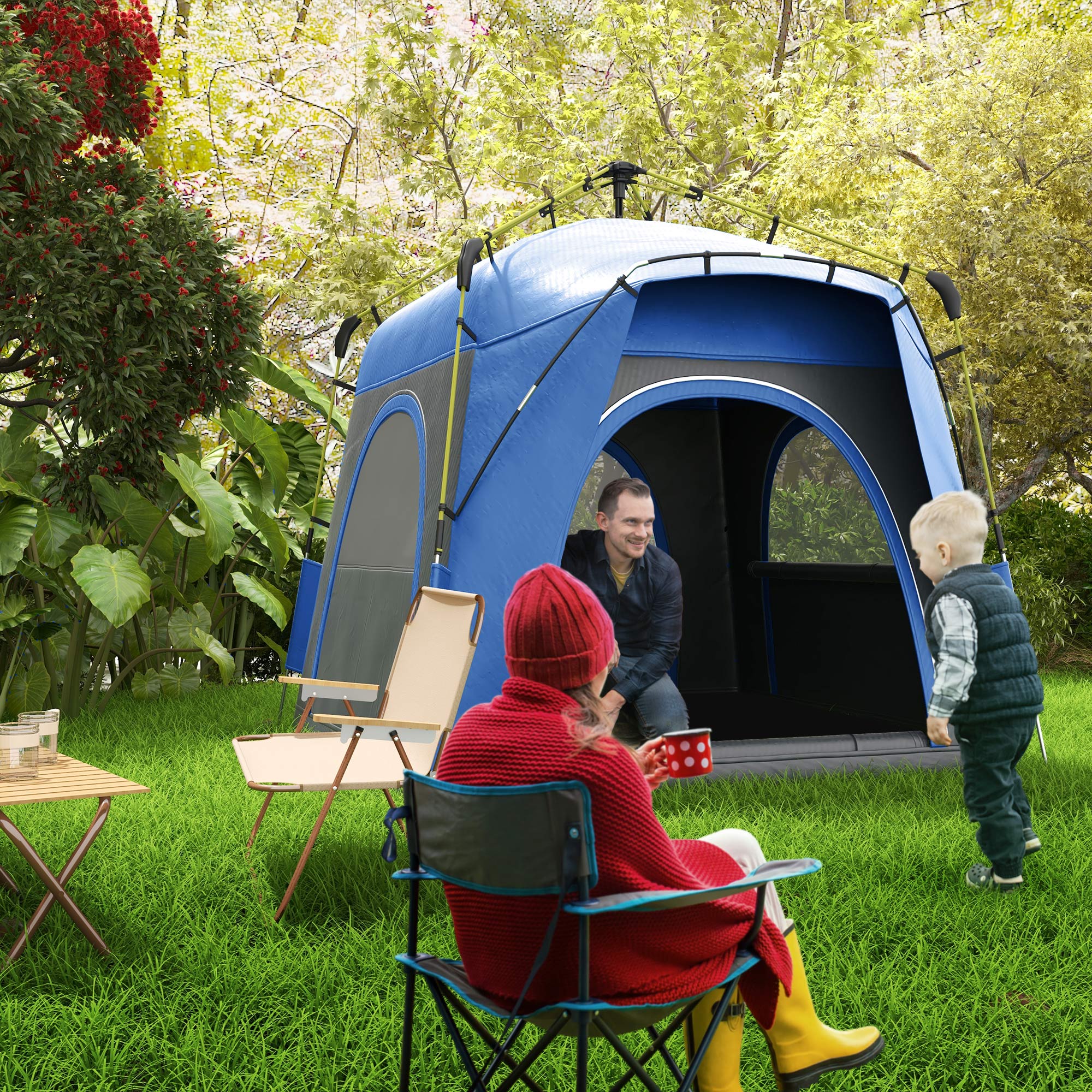 Outsunny 4 Person Automatic Camping Tent, Outdoor Pop Up Tent, Portable Backpacking Dome Shelter, Grey - North Peak Garden Furniture