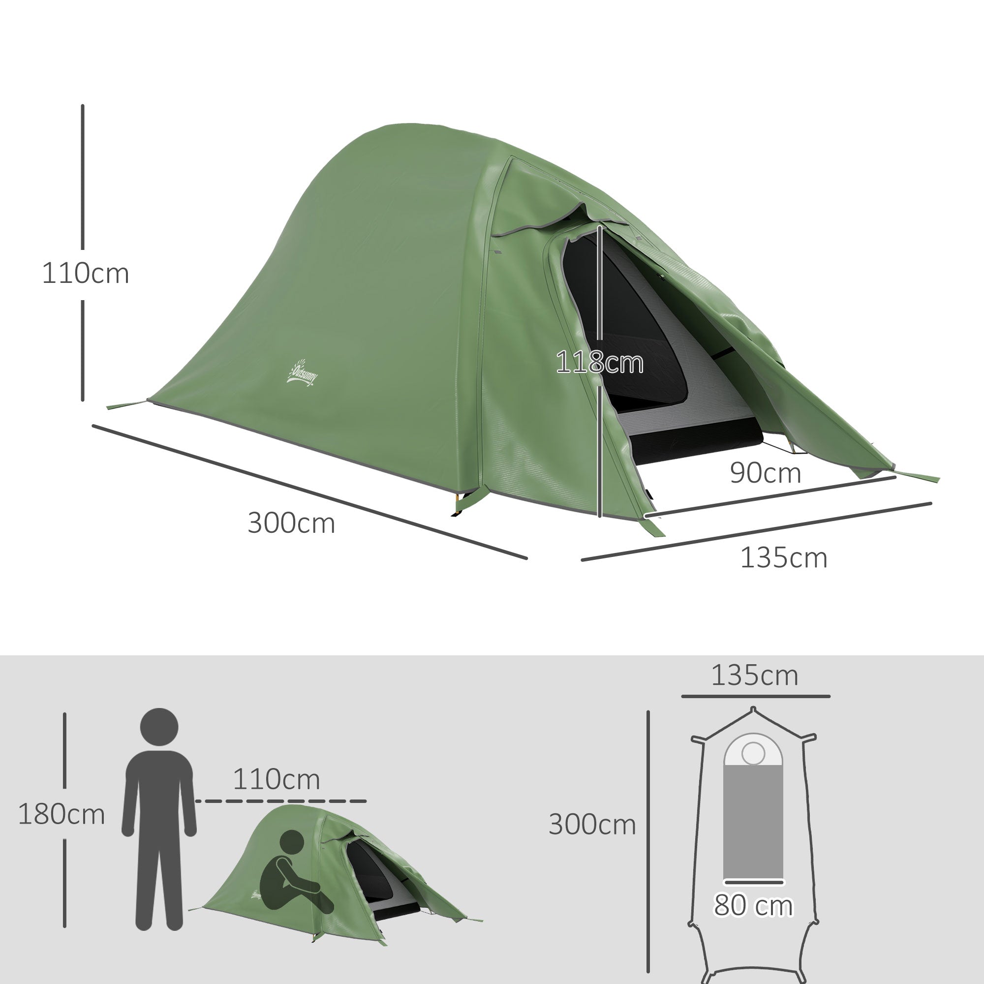 Outsunny Double Layer Camping Tent, 1-2 Man Backpacking Tent with Carry Bag, 2000mm Waterproof and Lightweight, Green - North Peak Garden Furniture