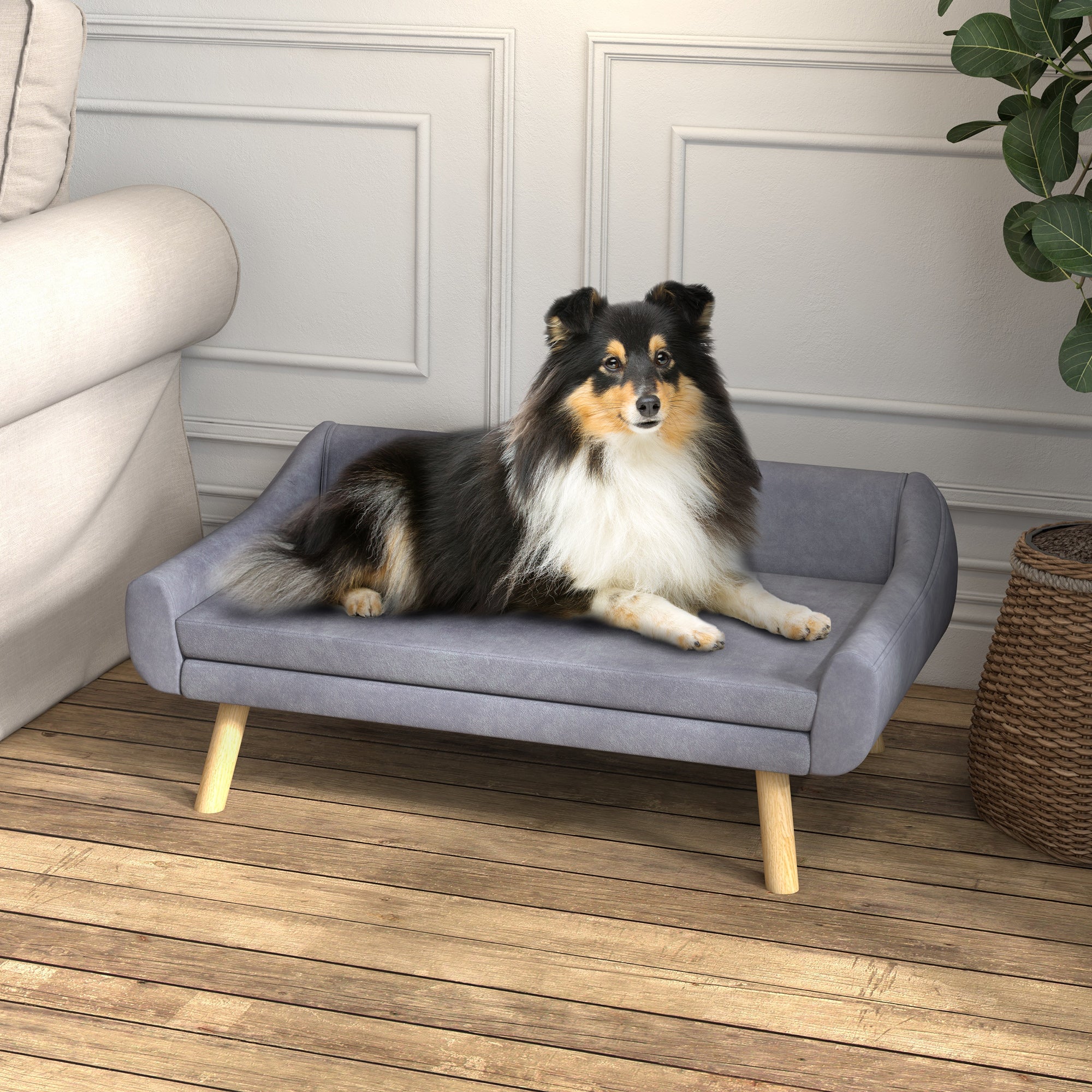 PawHut Dog Couch with Soft Cushion, Pet Sofa Bed with Wooden Frame, Removable Cover, for Medium and Large Dogs, Grey - North Peak Garden Furniture