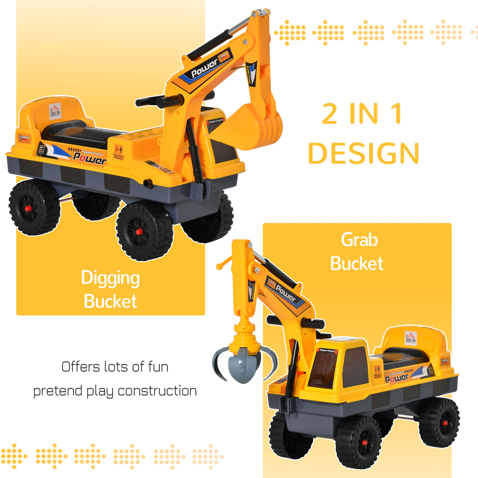 HOMCOM 2 in 1 Ride on Excavator Digger No Power Detachable Digging Bucket and Grab Bucket Music Light for 2-3 Years Old - North Peak Garden Furniture