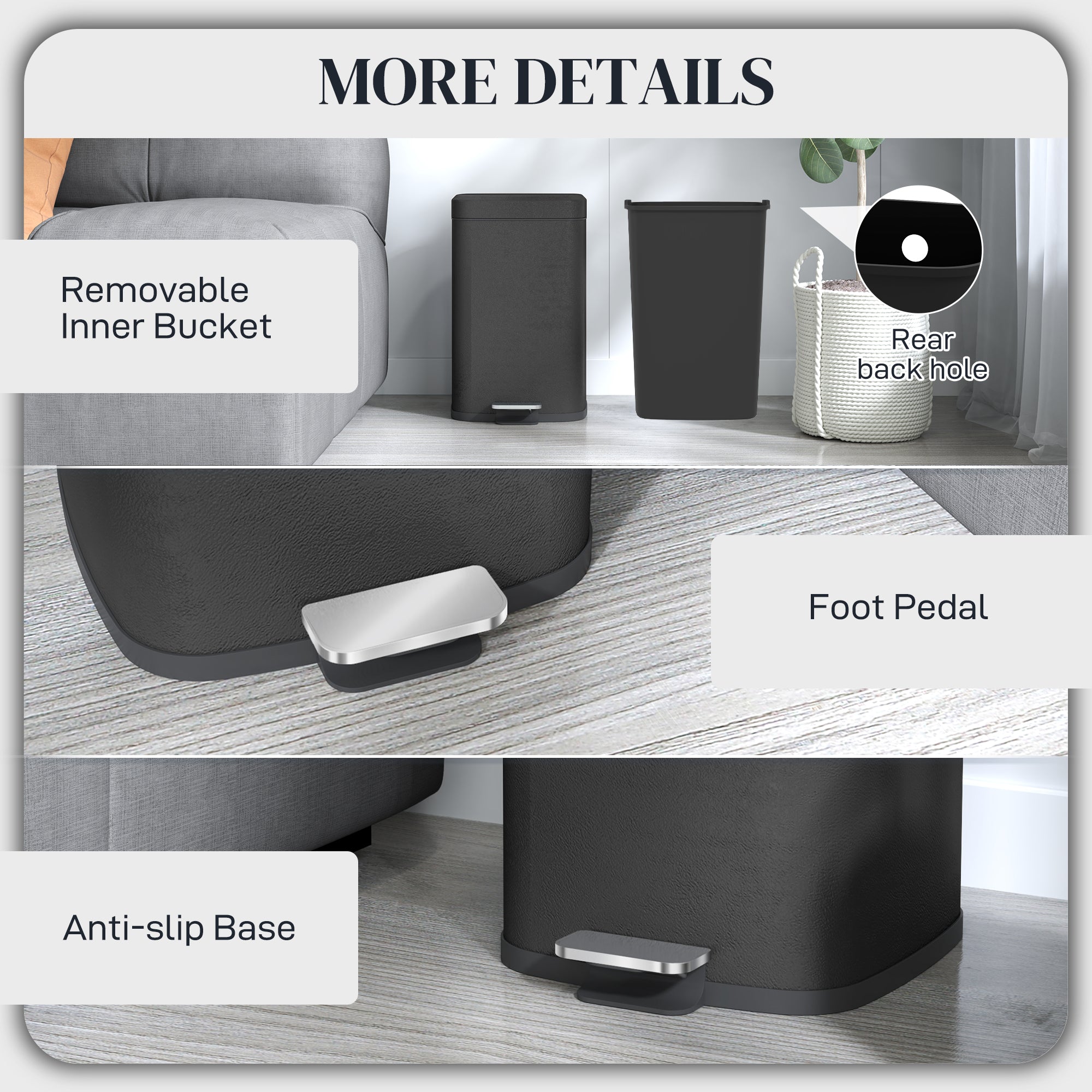 HOMCOM 20L Modern Boxy Metal Home Kitchen Bin - Black - North Peak Garden Furniture