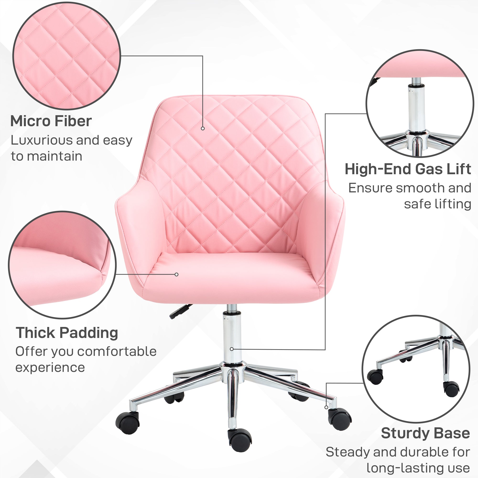 Vinsetto Office Desk Chair, Leather-Feel Fabric Computer Swivel Chair with Rolling Wheels and Adjustable Height for Home, Pink - North Peak Garden Furniture