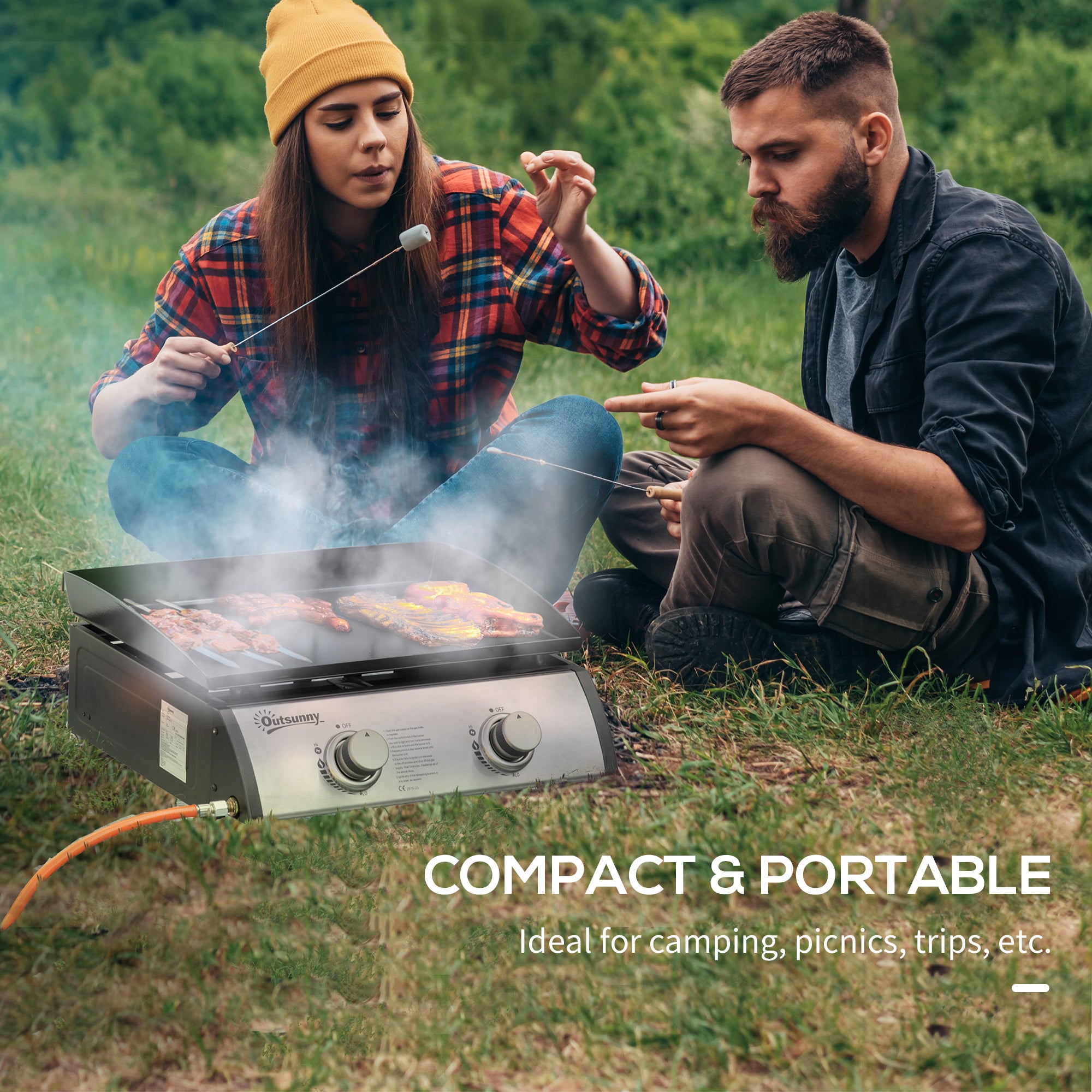 Outsunny Gas Plancha Grill with 2 Stainless Steel Burner, 6kW, Portable Tabletop Gas BBQ with Non-Stick Griddle for Camping Picnic Garden Party Festival - North Peak Garden Furniture