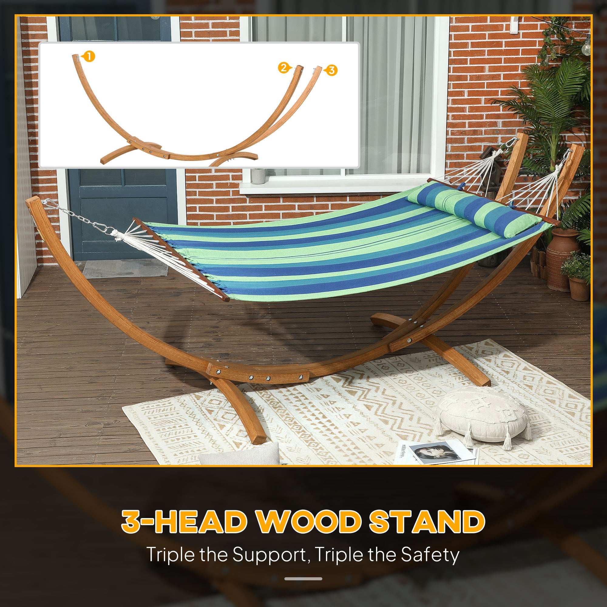 Outsunny Outdoor Hammock with Stand, Garden Hammock with Triple-Head Eucalyptus Wood Arc Frame, 1 Person Cotton Bed and Head Pillow, Freestanding Garden Swing Bed for Patio, Blue Stripe - North Peak Garden Furniture