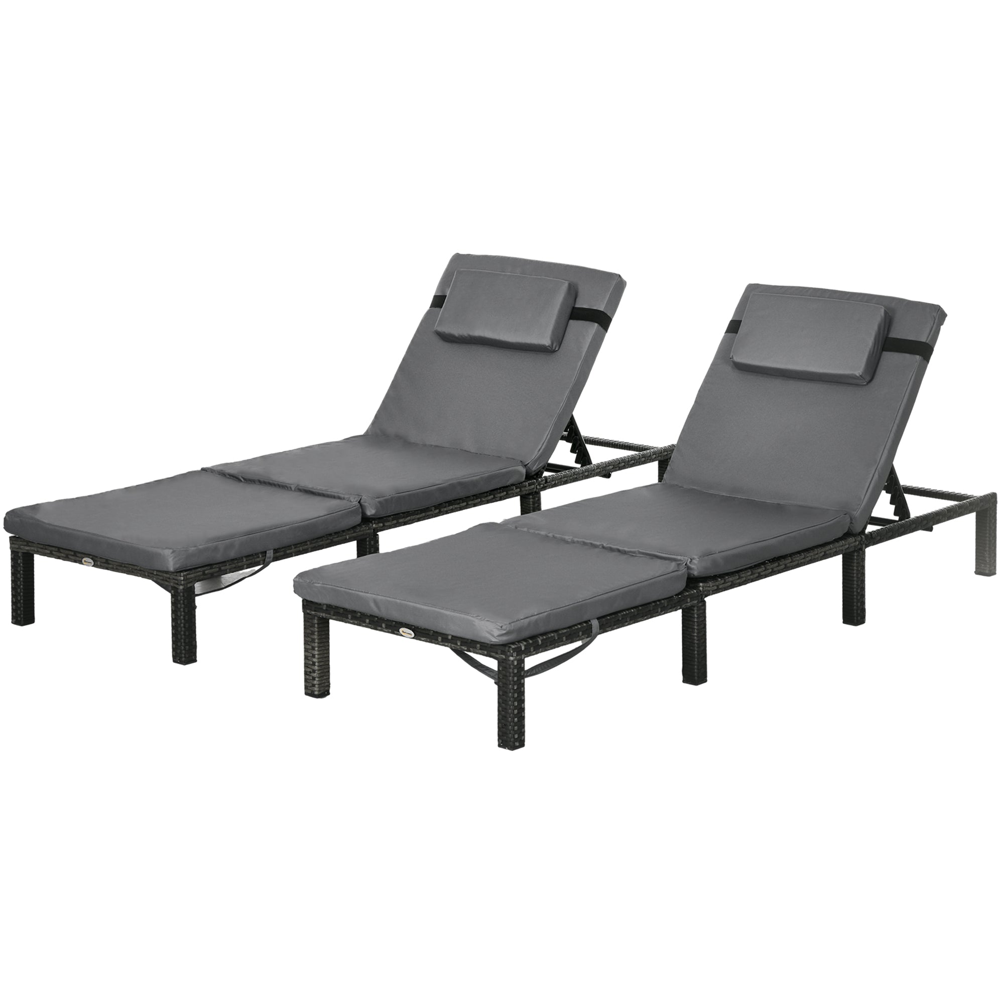 Outsunny Set of Two Reclining Rattan Sun Loungers, with Cushions - Grey