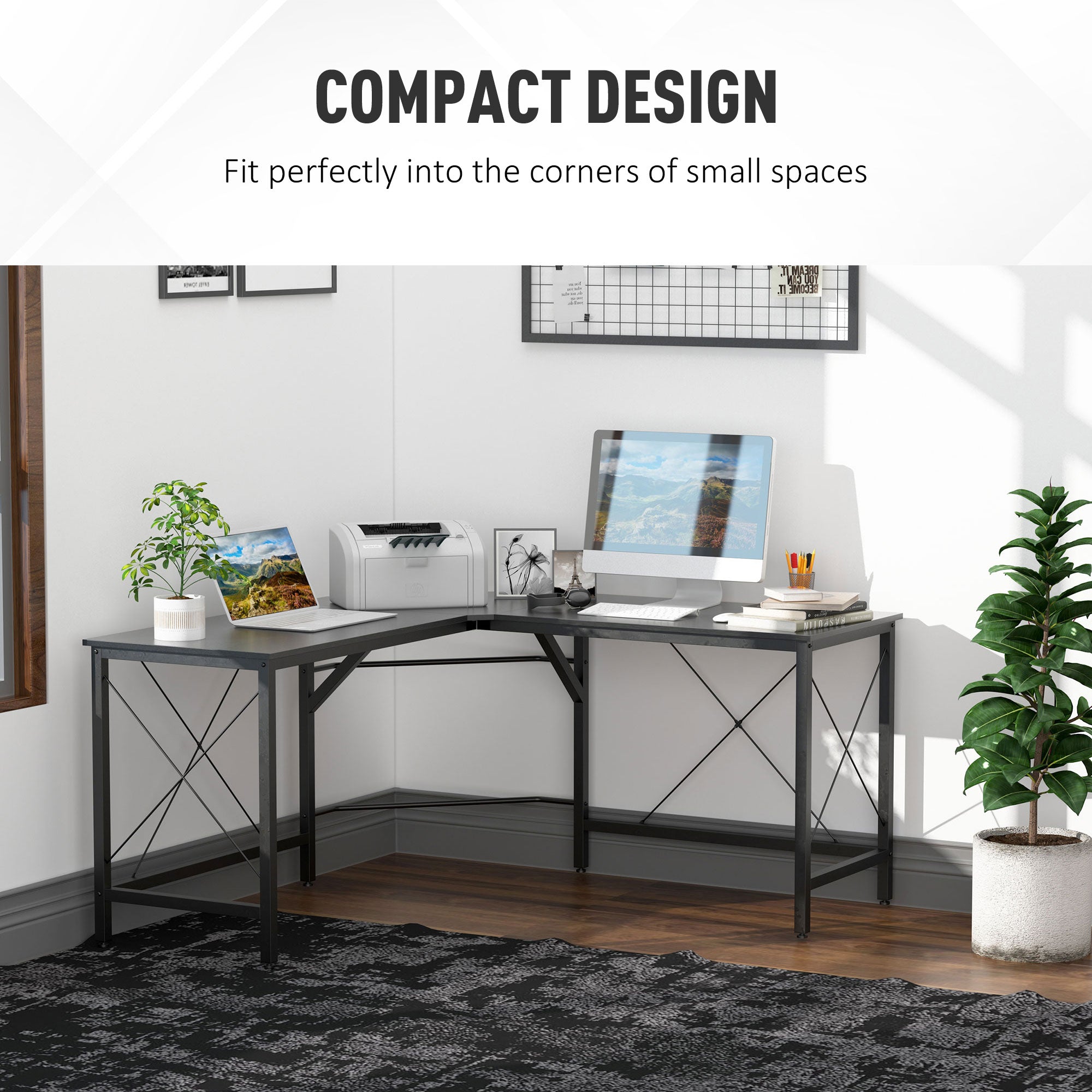 HOMCOM L-Shaped Corner Desk, Computer Desk for Home Office, Space-Saving Study Workstation, Easy to Assemble, 150 x 150 x 76cm, Black - North Peak Garden Furniture