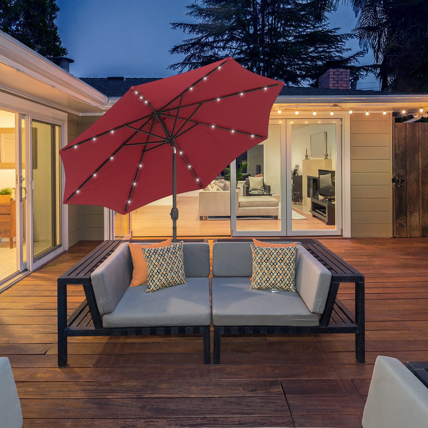 Outsunny 2.7m Patio Garden Umbrella Outdoor Parasol with Tilt Crank and 24 LEDs Lights (Red) - North Peak Garden Furniture