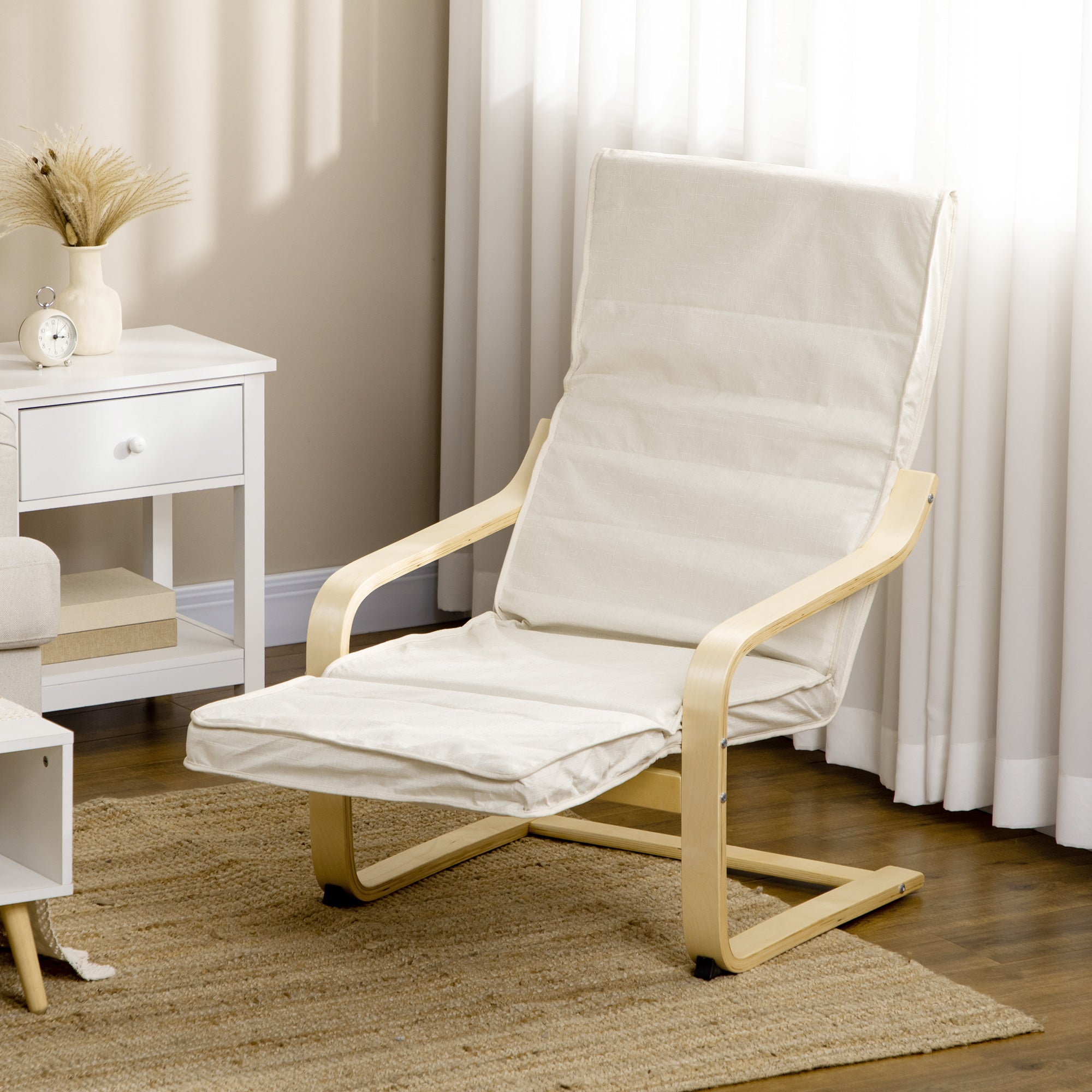 HOMCOM Wooden Lounging Chair Deck Relaxing Recliner Lounge Seat with Adjustable Footrest & Removable Cushion, Cream White - North Peak Garden Furniture