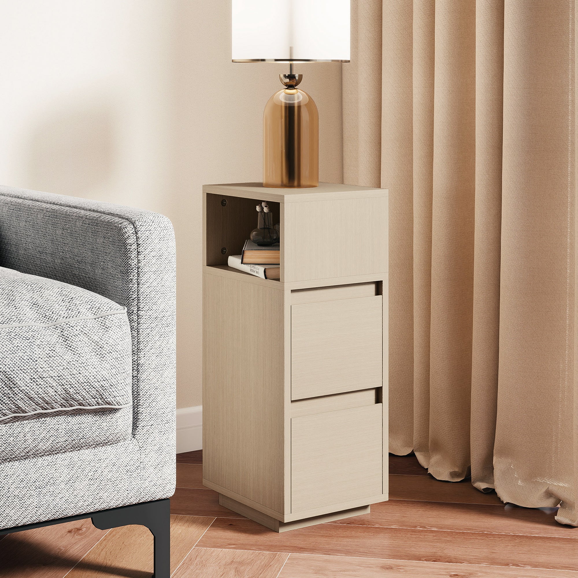 HOMCOM Slim Bedside Table, Narrow Bedside Cabinet with Open Shelf and 2 Drawers for Bedroom, Living Room, Natural Wood Finish