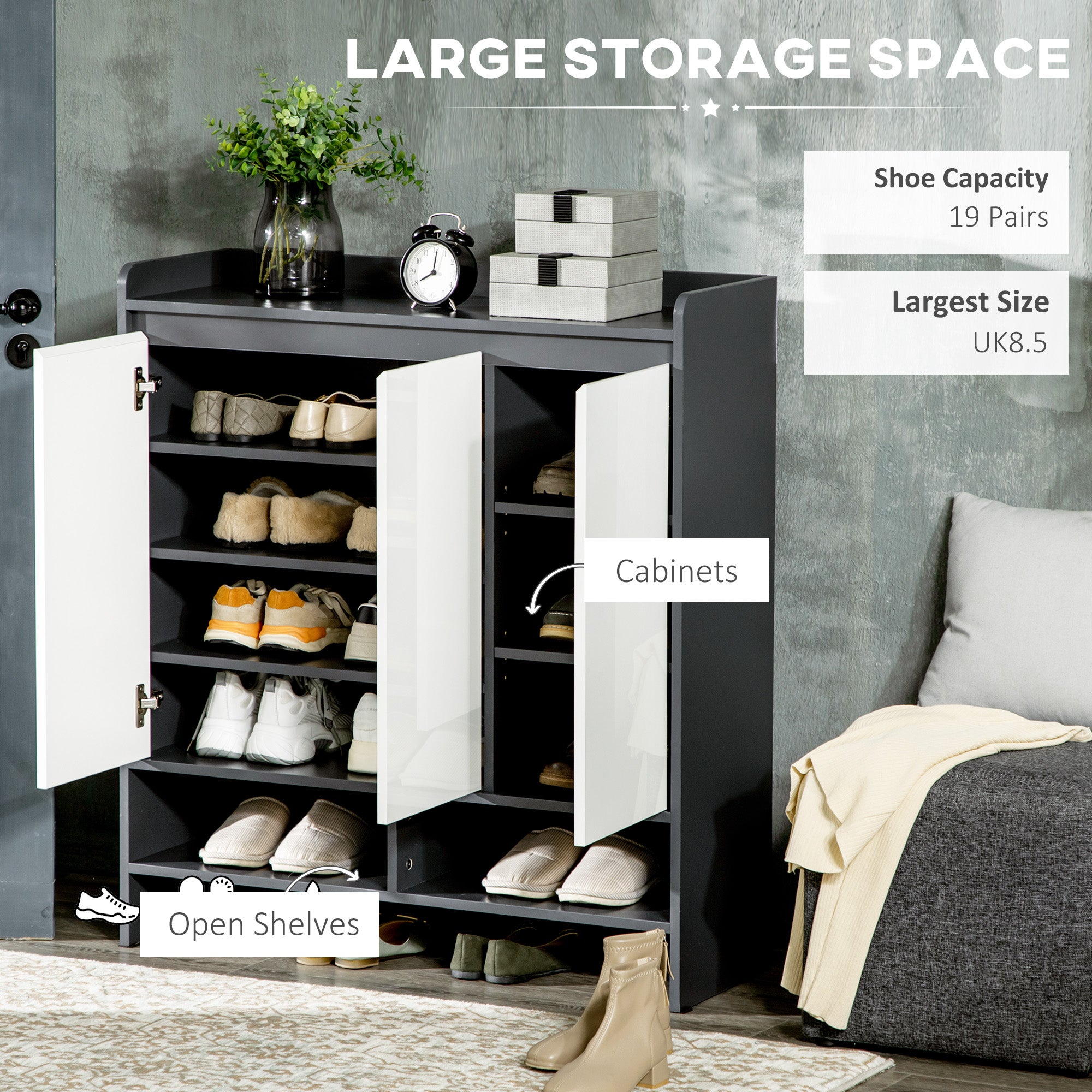 HOMCOM High Gloss Shoe Cabinet with White Doors and Open Shelves, Hallway Shoe Cupboard Storage Organizer for 19 Pairs of Shoes, Grey - North Peak Garden Furniture