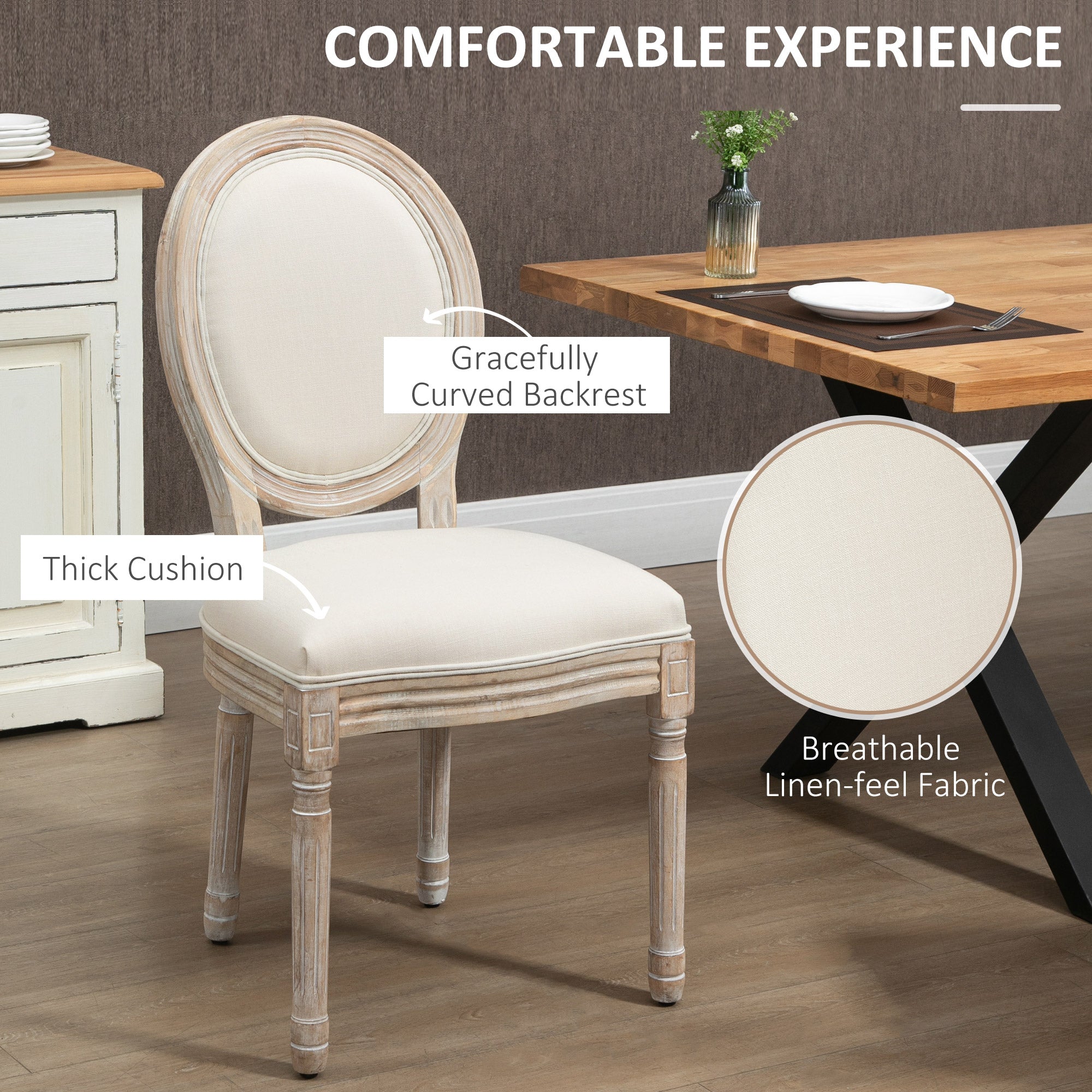 HOMCOM Set of Two French-Inspired Wooden Dining Chairs - Cream - North Peak Garden Furniture