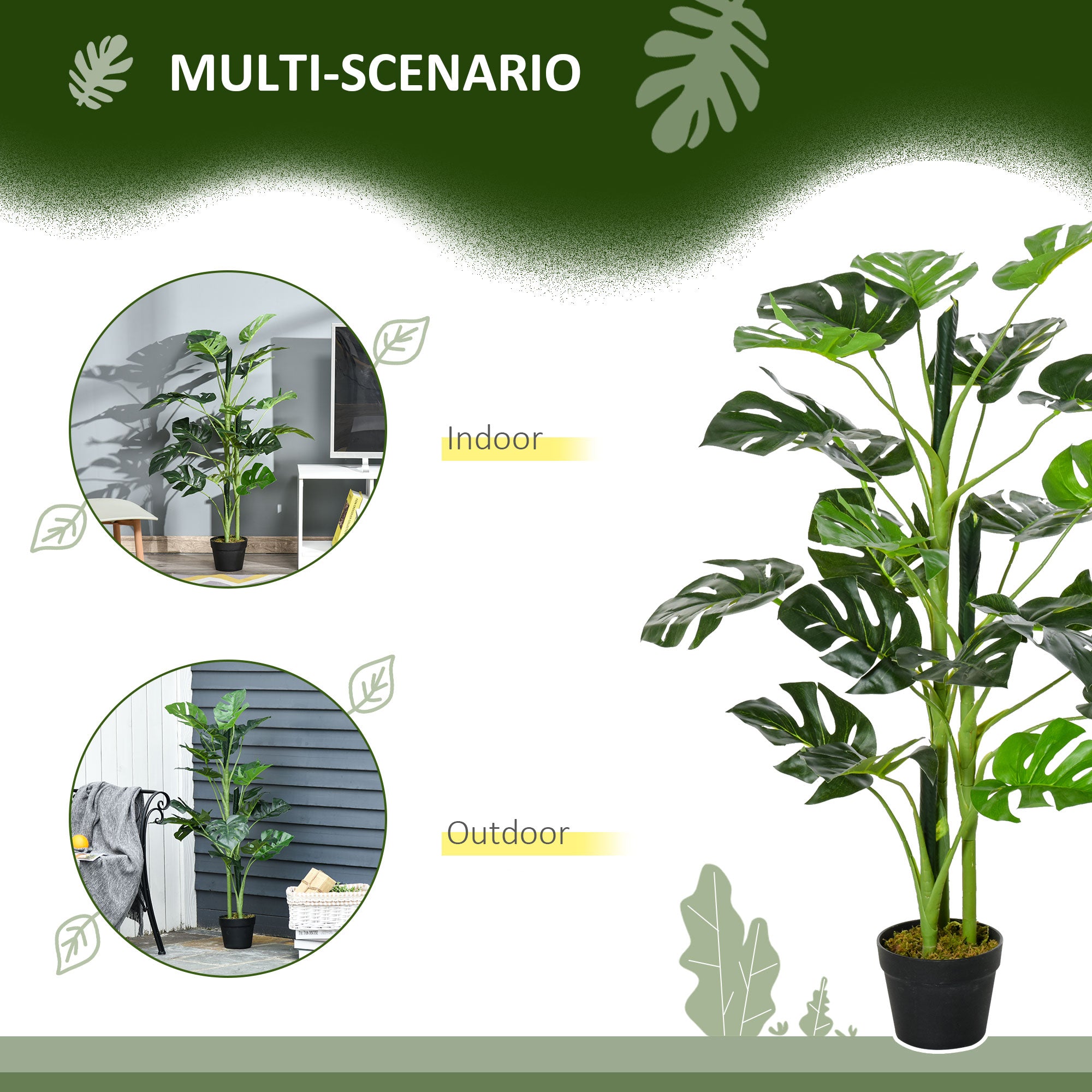 Outsunny 100cm/3.3FT Artificial Monstera Tree Decorative Cheese Plant 21 Leaves with Nursery Pot, Fake Tropical Palm Tree for Indoor Outdoor Décor, Set of 2 - North Peak Garden Furniture