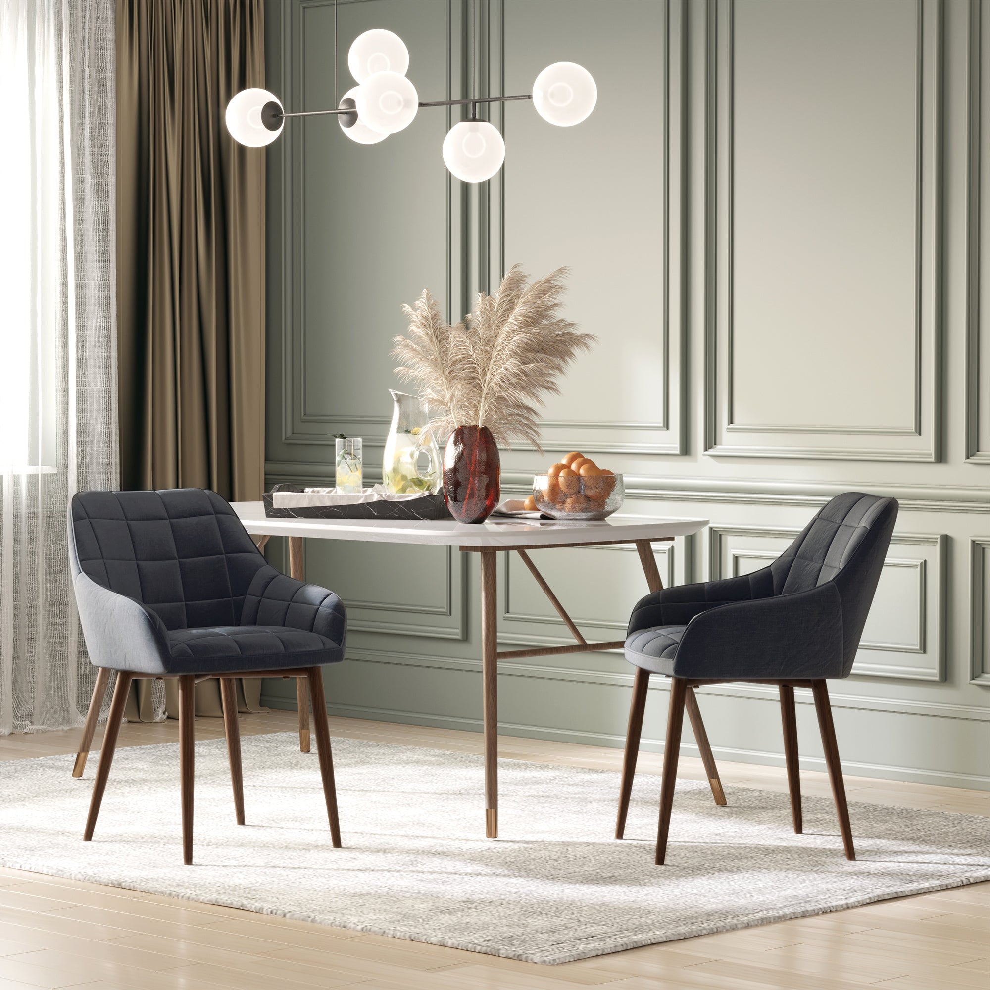 HOMCOM 2 Pieces Linen-Touch Fabric Dining Chair with Grid Pattern Cushion and Backrest, Mid Back Leisure Chair with Steel Leg, Sponge Padded Armchair for Dining Room - North Peak Garden Furniture