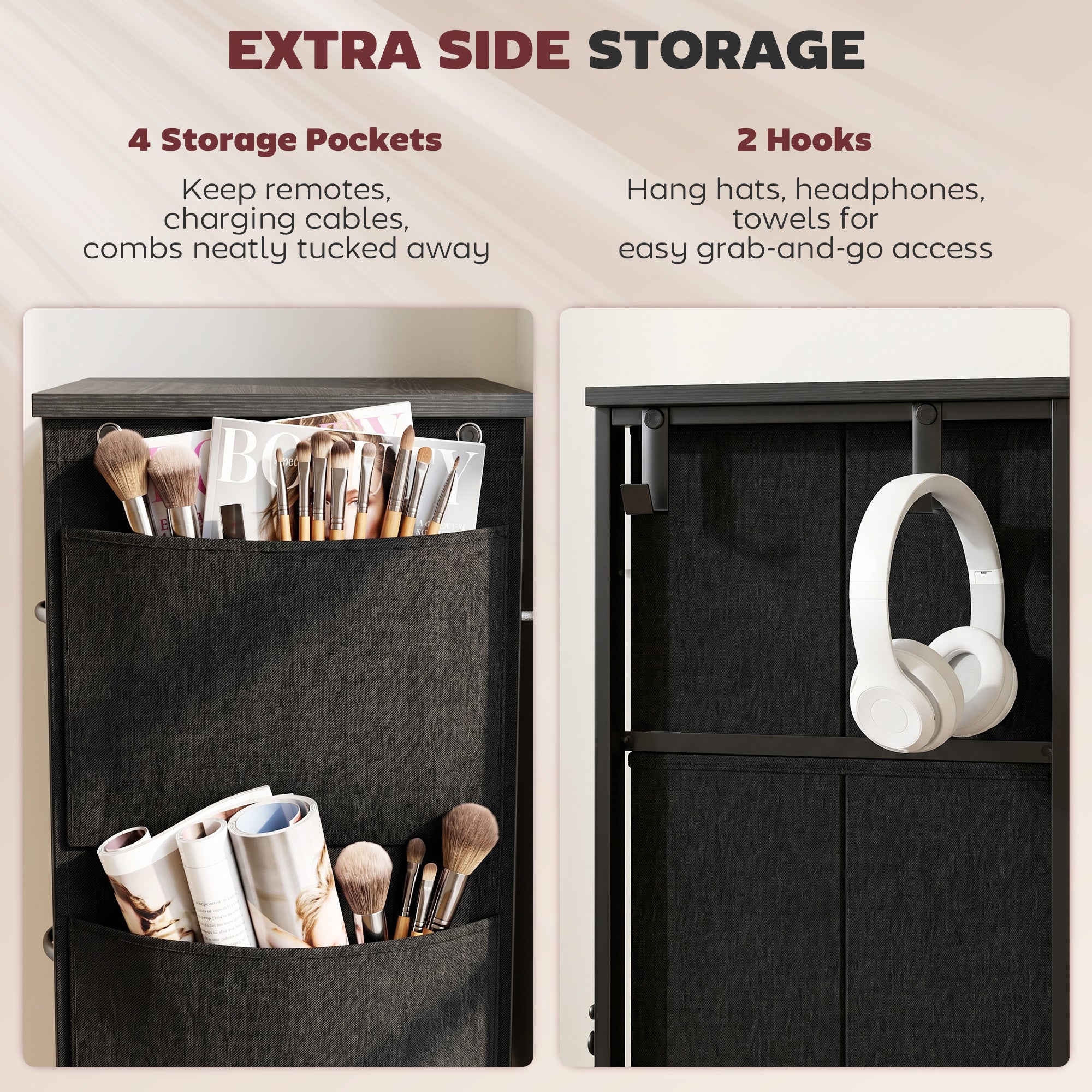 HOMCOM Chest of Drawers, Dresser with 4 Fabric Drawers, Tall Storage Unit with 4 Pockets and 2 Hooks, Steel Frame, Black