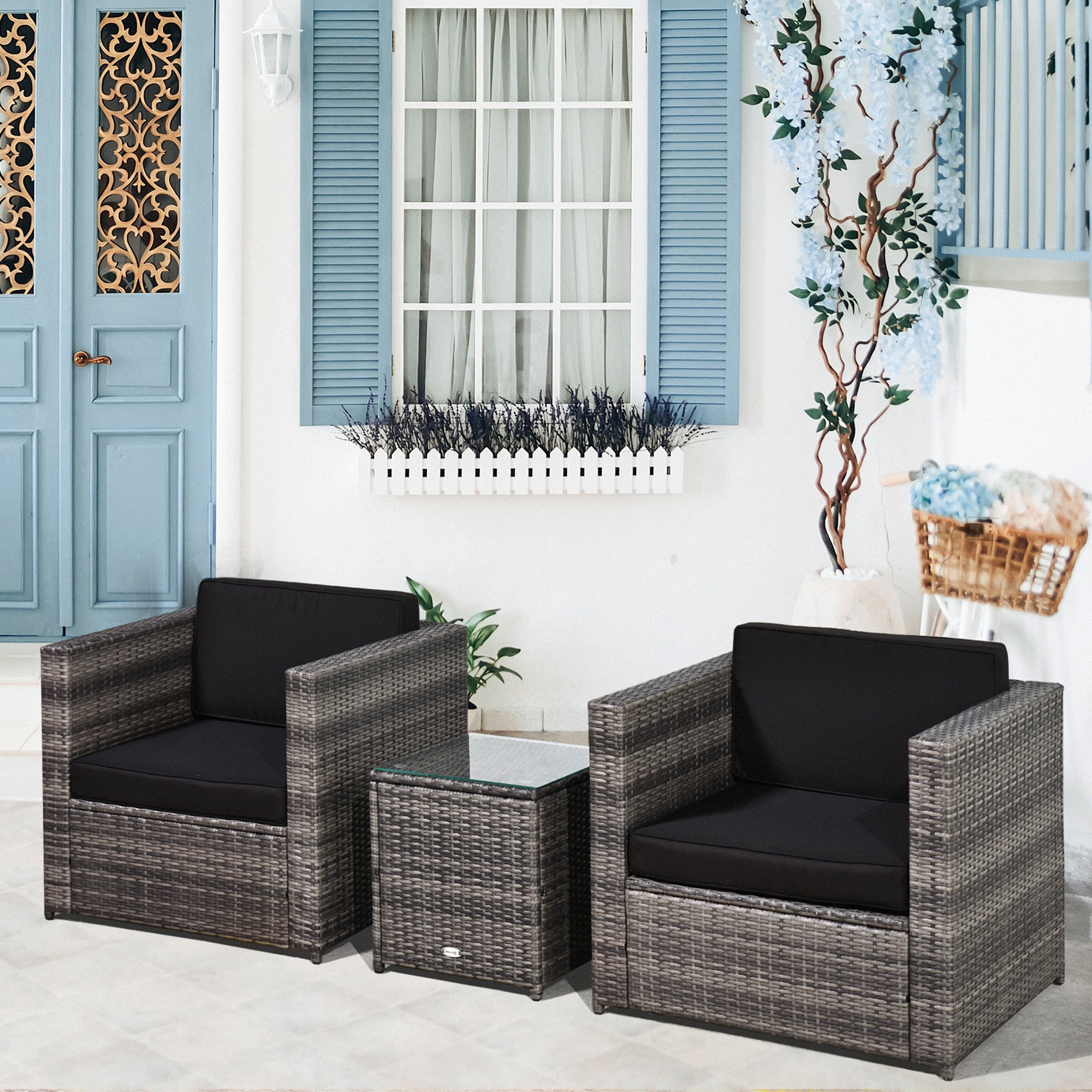Outsunny 3 Pieces Rattan Bistro Set, Wicker Garden Furniture Set with Glass Top Coffee Table and Chairs, Thickened Washable Cushions for Outdoor, Patio, Balcony, Grey - North Peak Garden Furniture