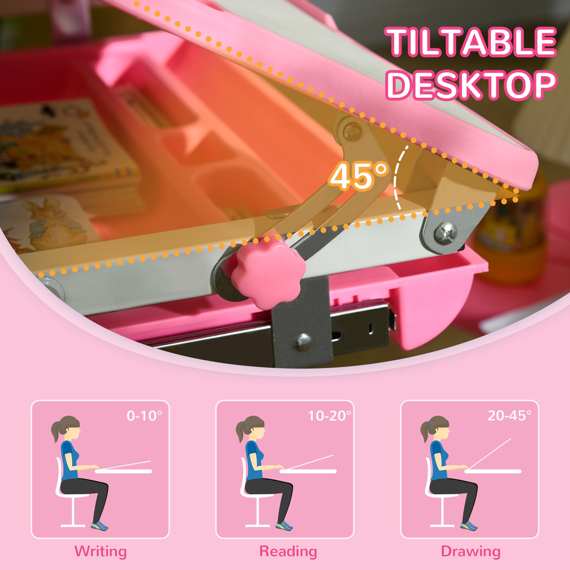 HOMCOM Kids Desk and Chair Set, Student Adjustable Writing Desk, with Drawer, Pen Slot, Hook - Pink - North Peak Garden Furniture