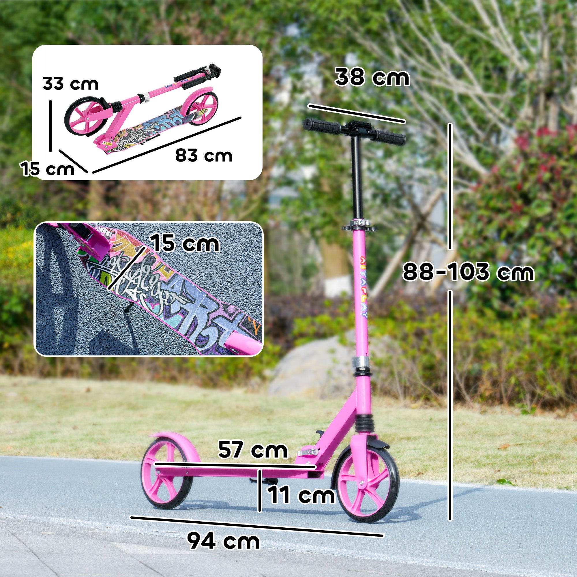 AIYAPLAY Foldable Kids Scooter with Adjustable Handlebar, 200mm Big Wheel, Rear Fender Brake, Gift for Ages 6-12 Years, Pink - North Peak Garden Furniture