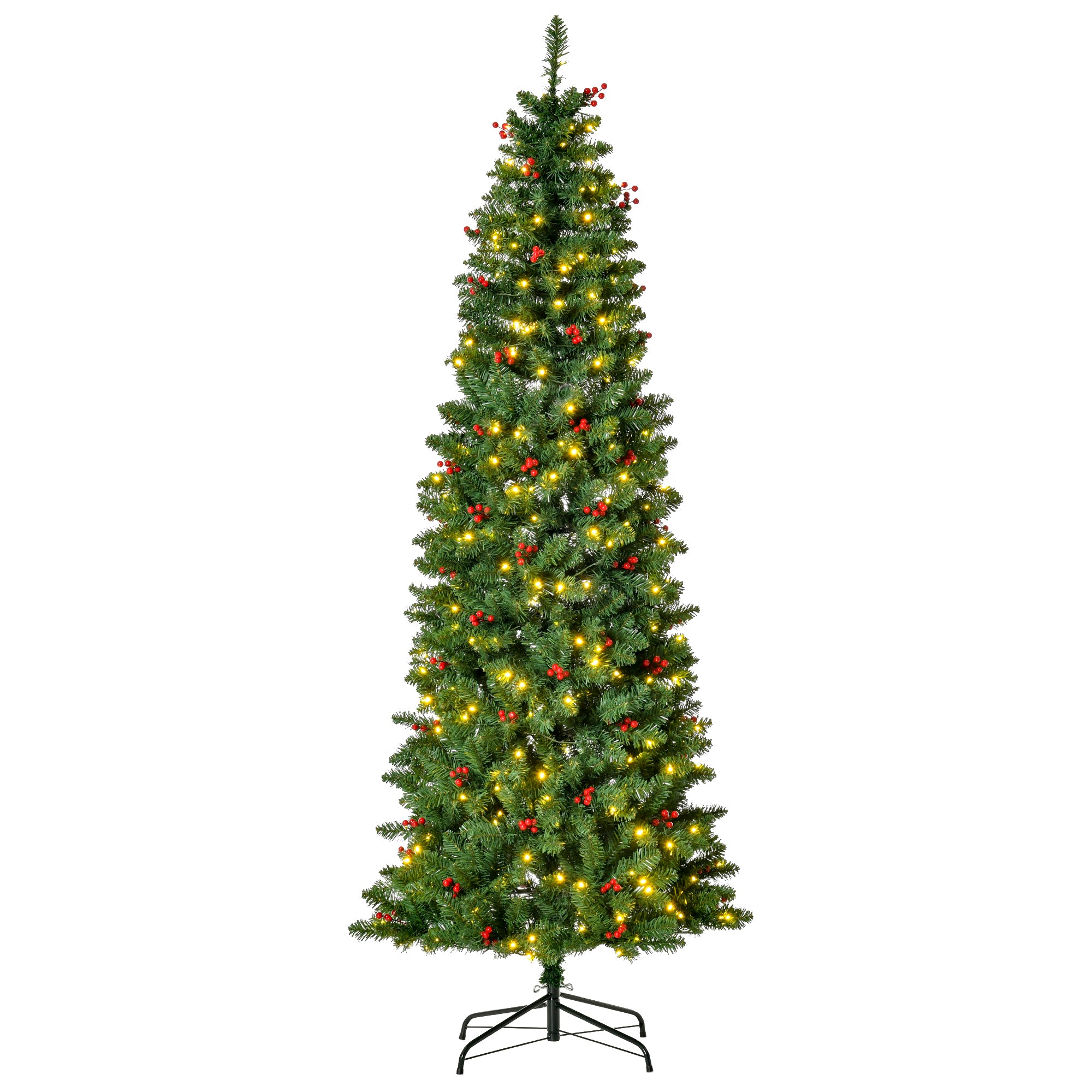 HOMCOM 7FT Prelit Artificial Pencil Christmas Tree with Warm White LED Light, Red Berry, Holiday Home Xmas Decoration, Green - North Peak Garden Furniture