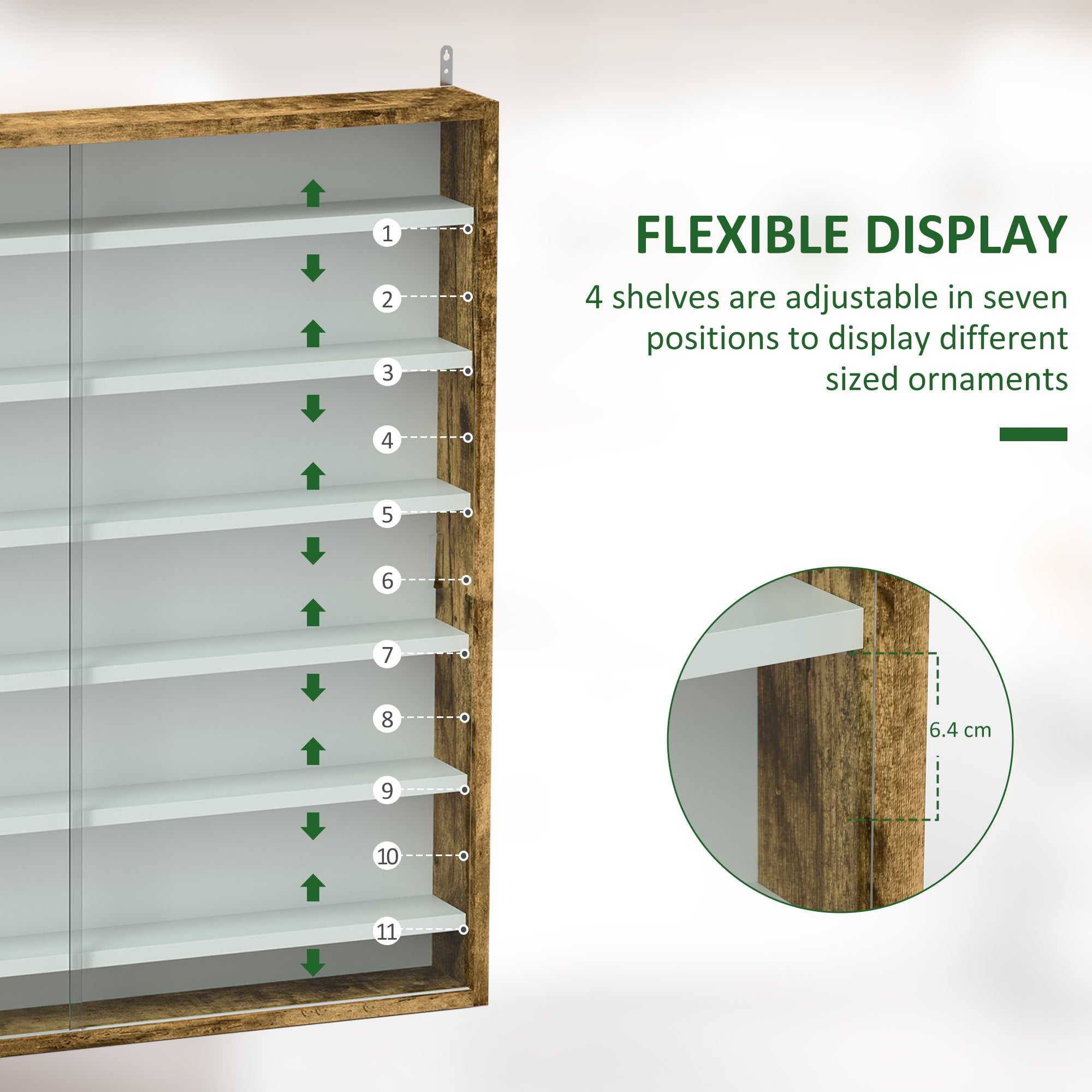HOMCOM 7-Tier Wall Display Shelf Unit Cabinet w/ 6 Adjustable Shelves Glass Doors Home Office Ornaments 83x80cm, Rustic Brown - North Peak Garden Furniture