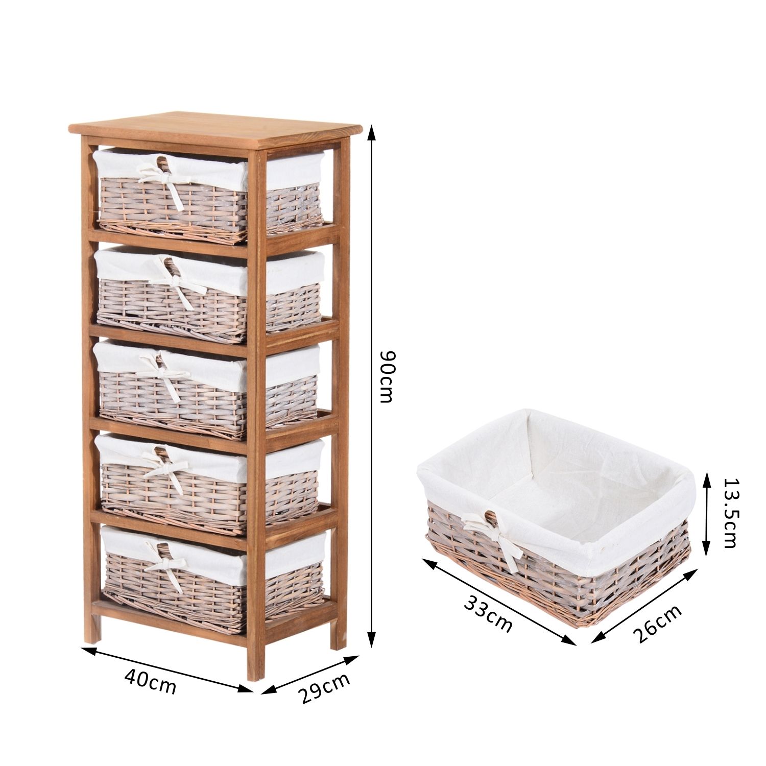 HOMCOM 5 Drawer Dresser Wicker Basket Storage Shelf Unit Wooden Frame Home Organisation Cabinet Bedroom Office Furniture Natural Finish - North Peak Garden Furniture