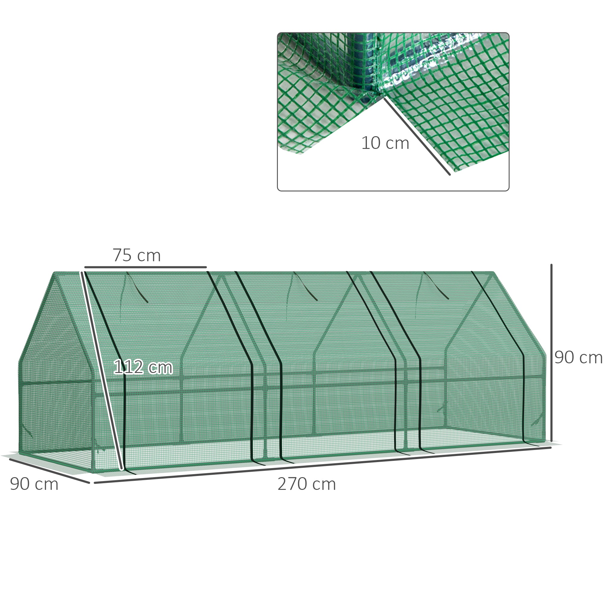 Outsunny 270 x 90 x 90 cm Steel Frame Poly Tunnel Steeple Greenhouse - Green