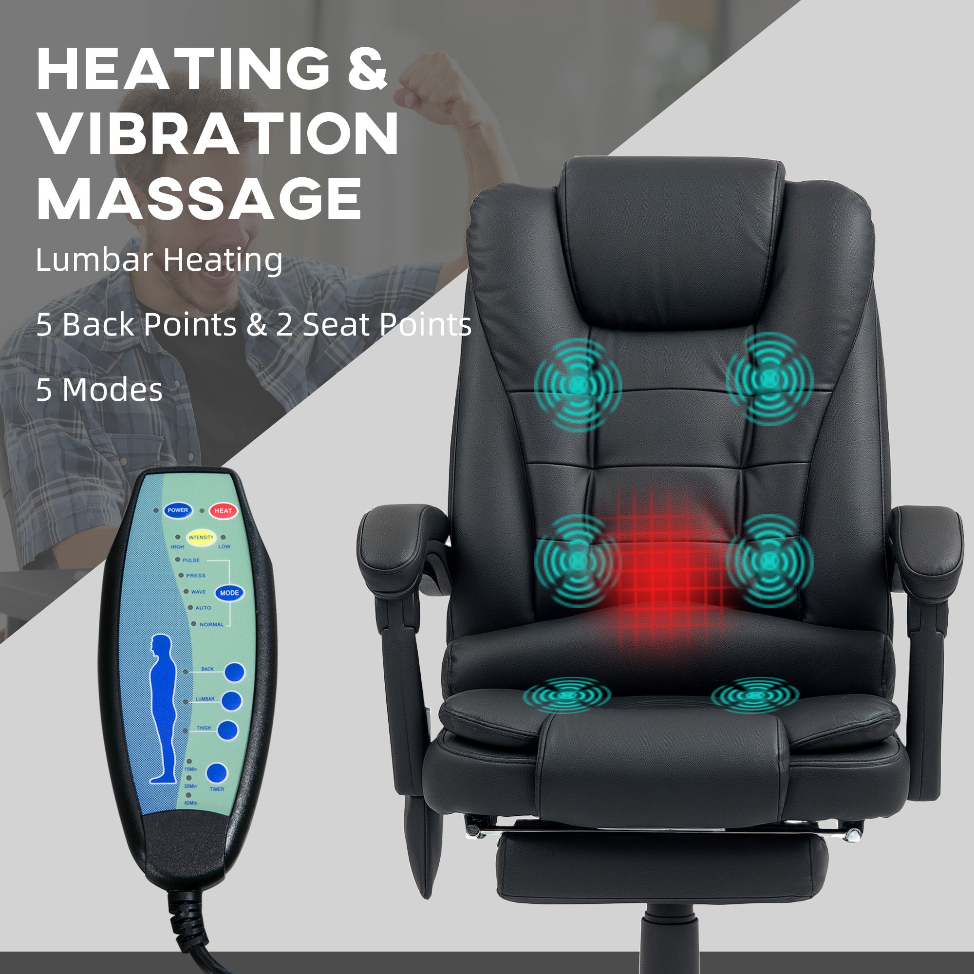 Vinsetto Heated 6 Points Vibration Massage Executive Office Chair Adjustable Swivel Ergonomic High Back Desk Chair Recliner with Footrest Black - North Peak Garden Furniture