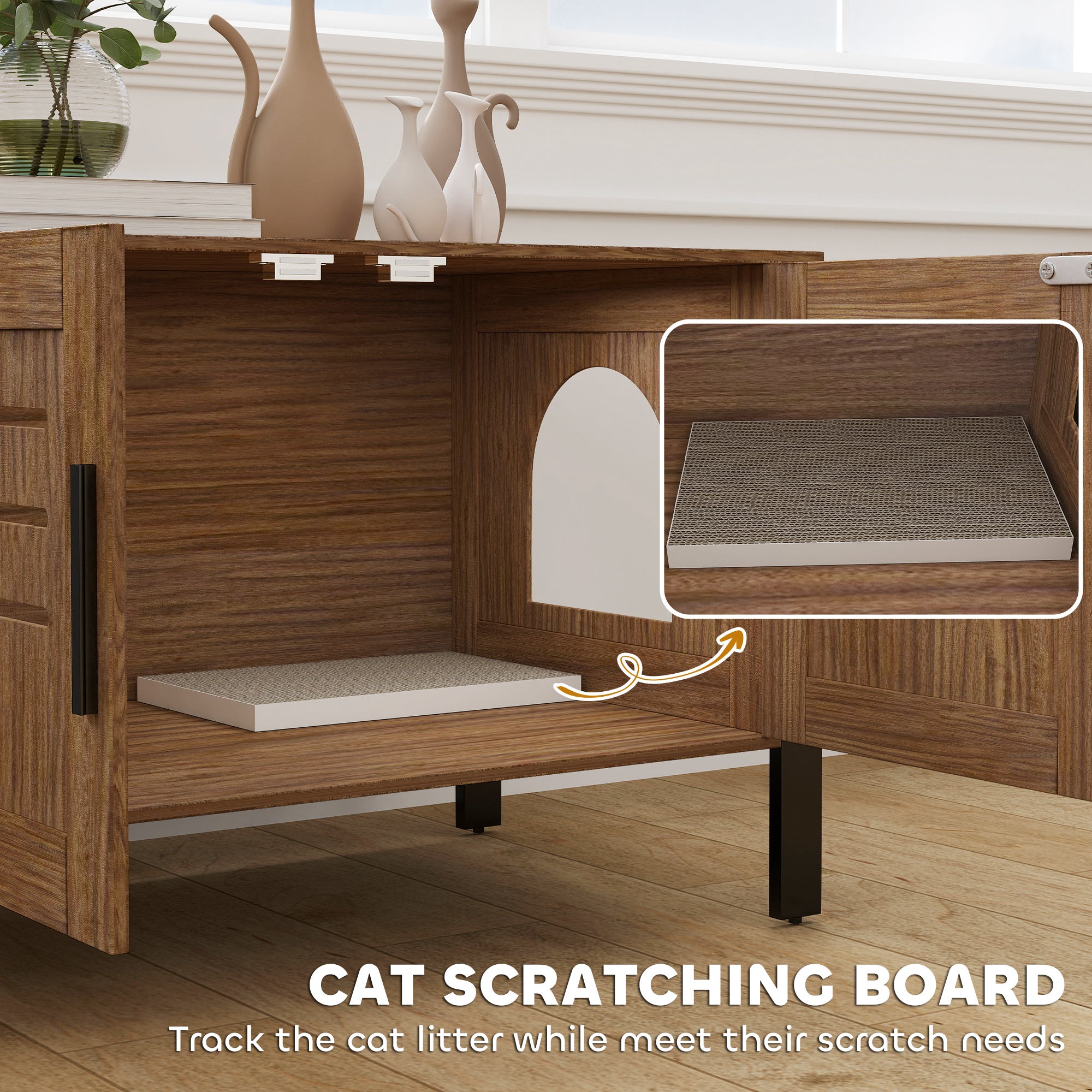 PawHut Cat Litter Box Enclosure with Tall Legs, Scratching Board, Double Doors, Ventilation Holes, 80 x 45 x 50 cm, Dark Brown - North Peak Garden Furniture