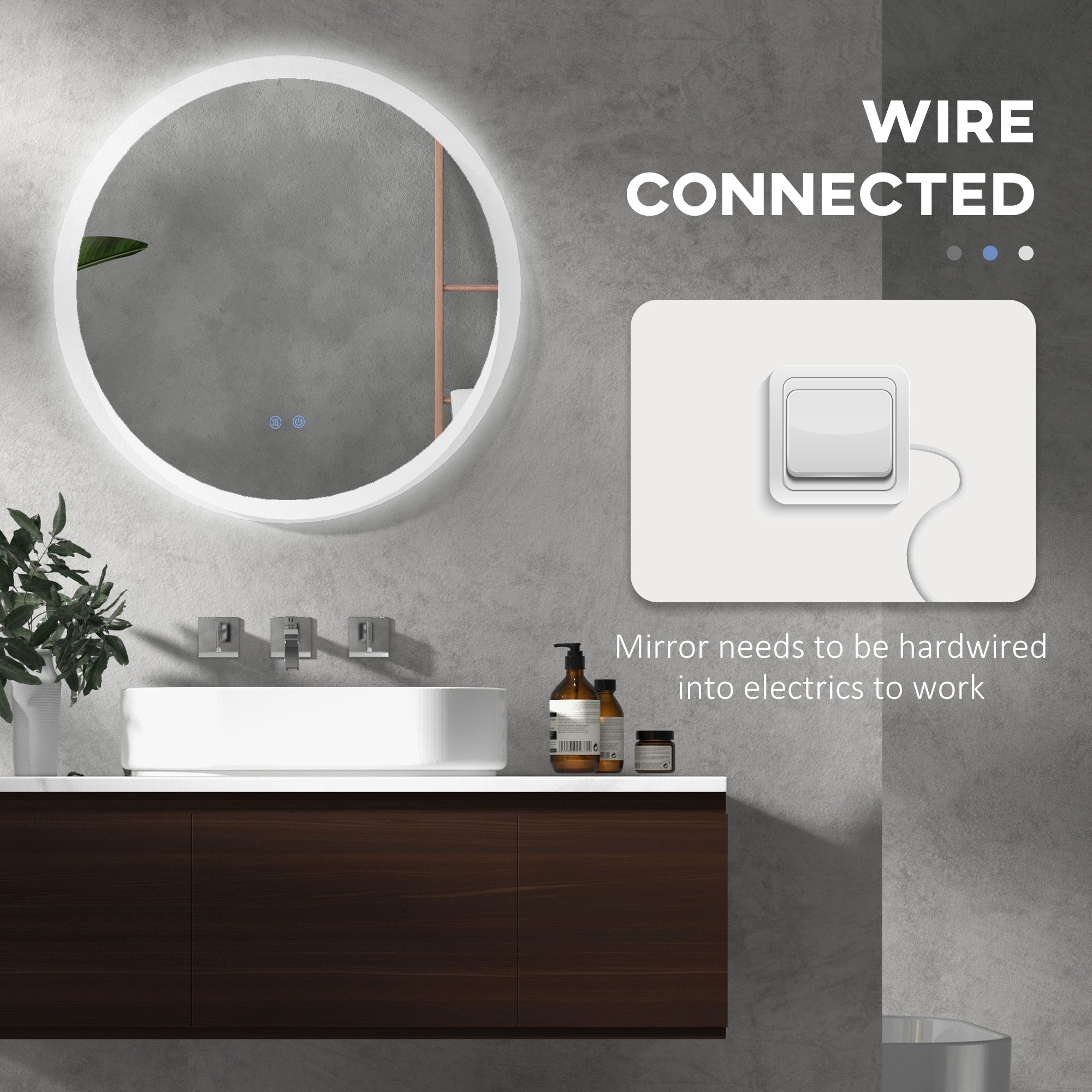 kleankin Round Bathroom Mirror with LED Lights, Wall-Mounted Dimmable Makeup Mirror with 3 Temperature Colours, Defogging Film, Memory Function, Hardwired, 70 x 70 cm - North Peak Garden Furniture
