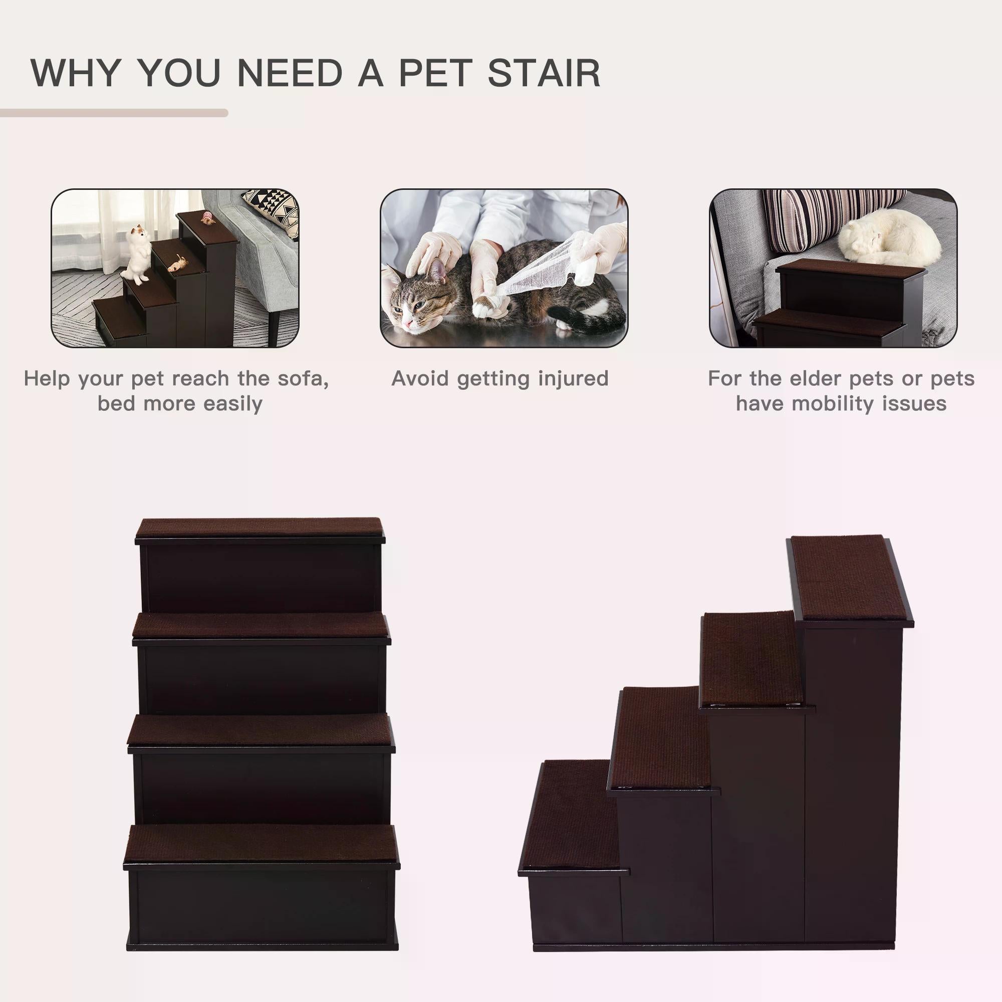 PawHut 4 Step Wooden Dog Steps Pet Stairs for Dogs, Cat Ladder for Bed Couch with Non-Slip Carpet 40 x 59 x 54.2 cm, Dark brown