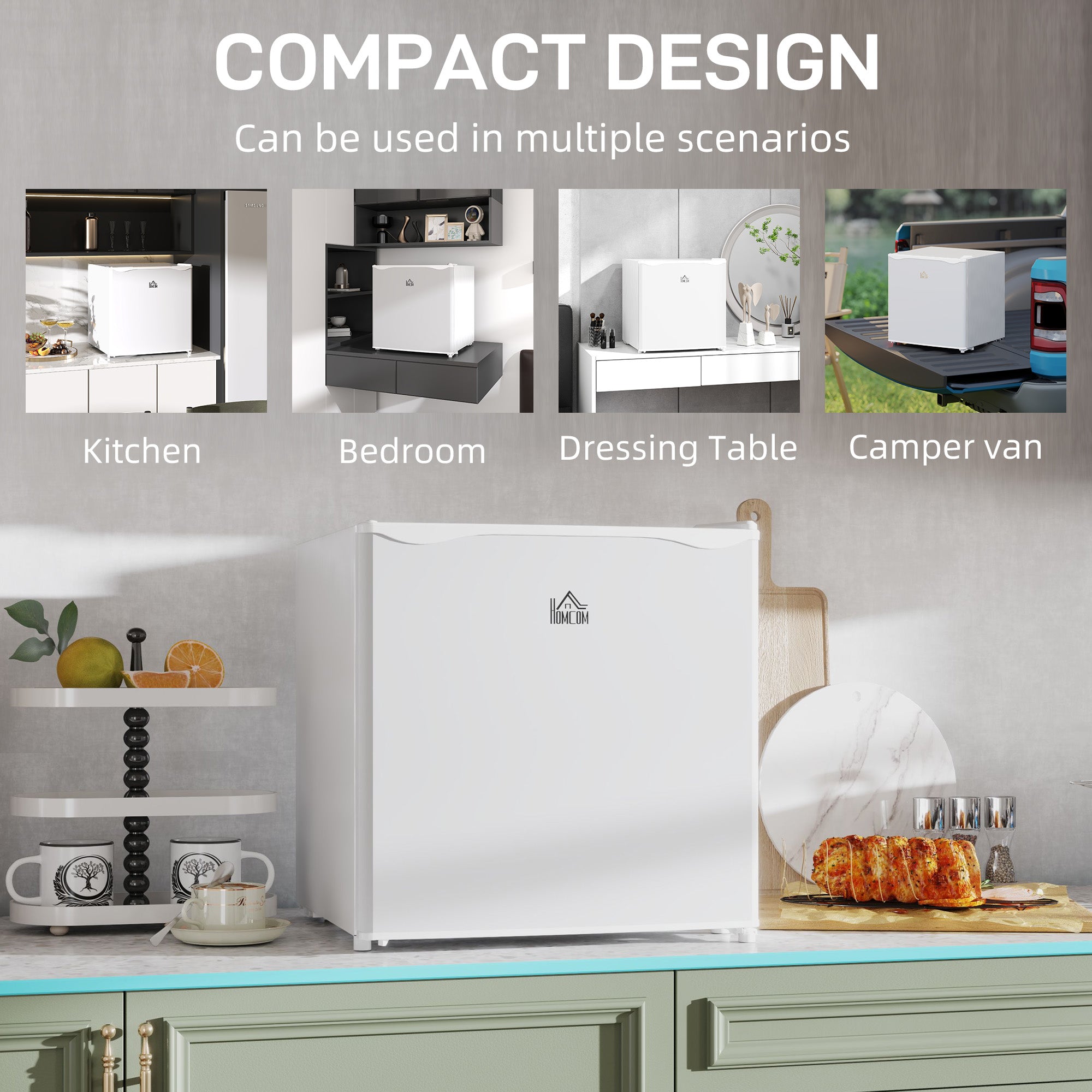 HOMCOM 46 Litre Table Top Mini Fridge, Small Fridge with Ice Box, Reversible Door, Adjustable Temperature and Legs, Mini Fridge for Bedrooms, Home Office, Cream - North Peak Garden Furniture