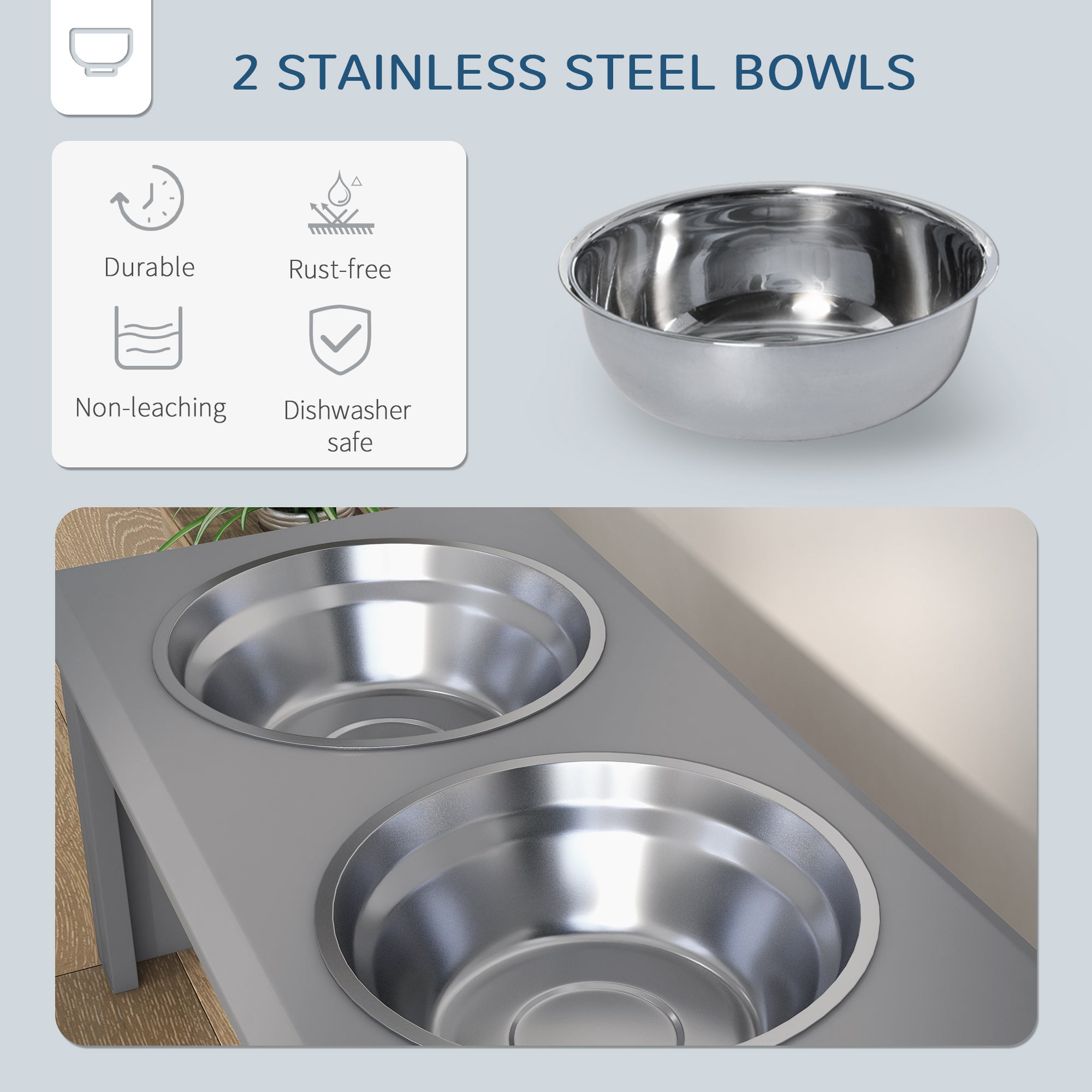 PawHut Raised Dog Feeding Bowls with Stand, Stainless Steel for Small and Medium Dog, 58L x 31W x 25H cm - Grey - North Peak Garden Furniture