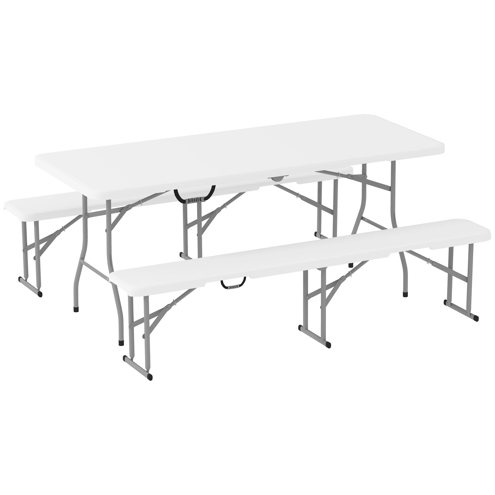 Outsunny 3 Piece 6ft Folding Picnic Table and Bench Set, Portable HDPE Camping Table and Chairs with Carrying Handles for Indoor Outdoor, Dining, Camping, Picnic, BBQ, Party, White - North Peak Garden Furniture