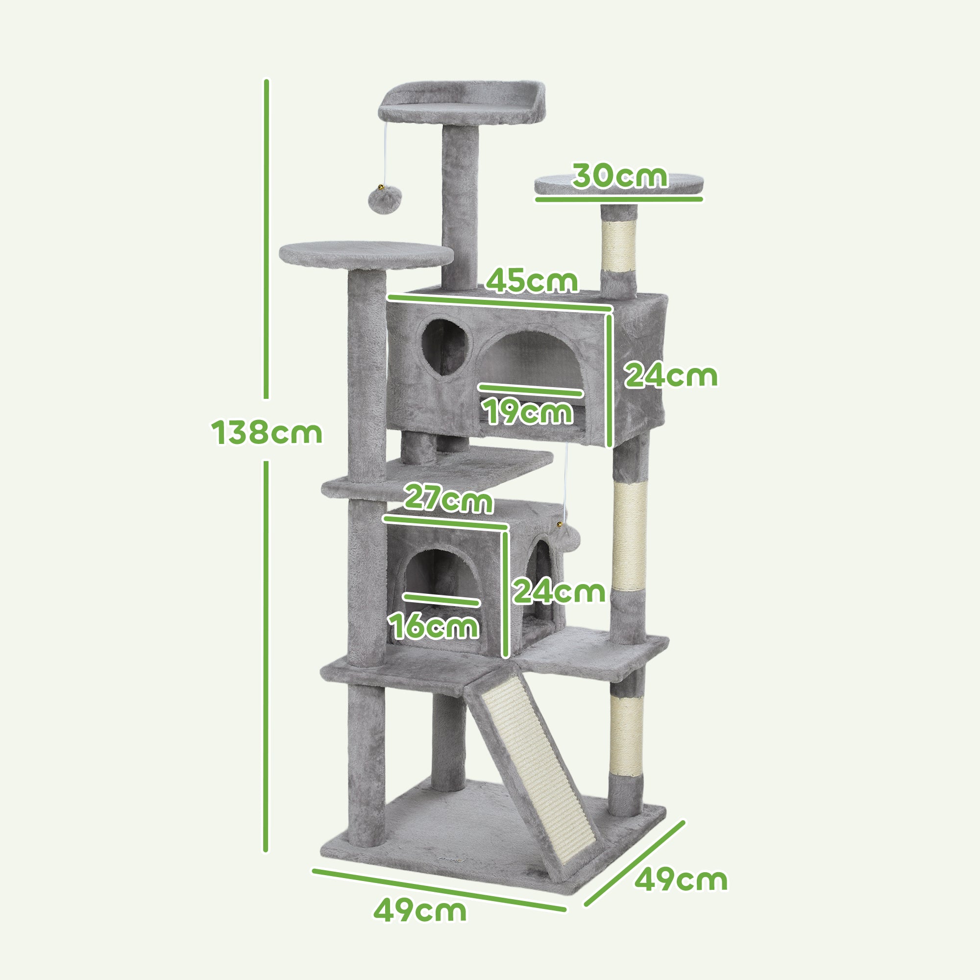 PawHut 138cm Cat Tree, Multi-Level Cat Tower with Scratching Posts and Pad, Bed, Condos, Platforms, Toy Balls, Light Grey - North Peak Garden Furniture