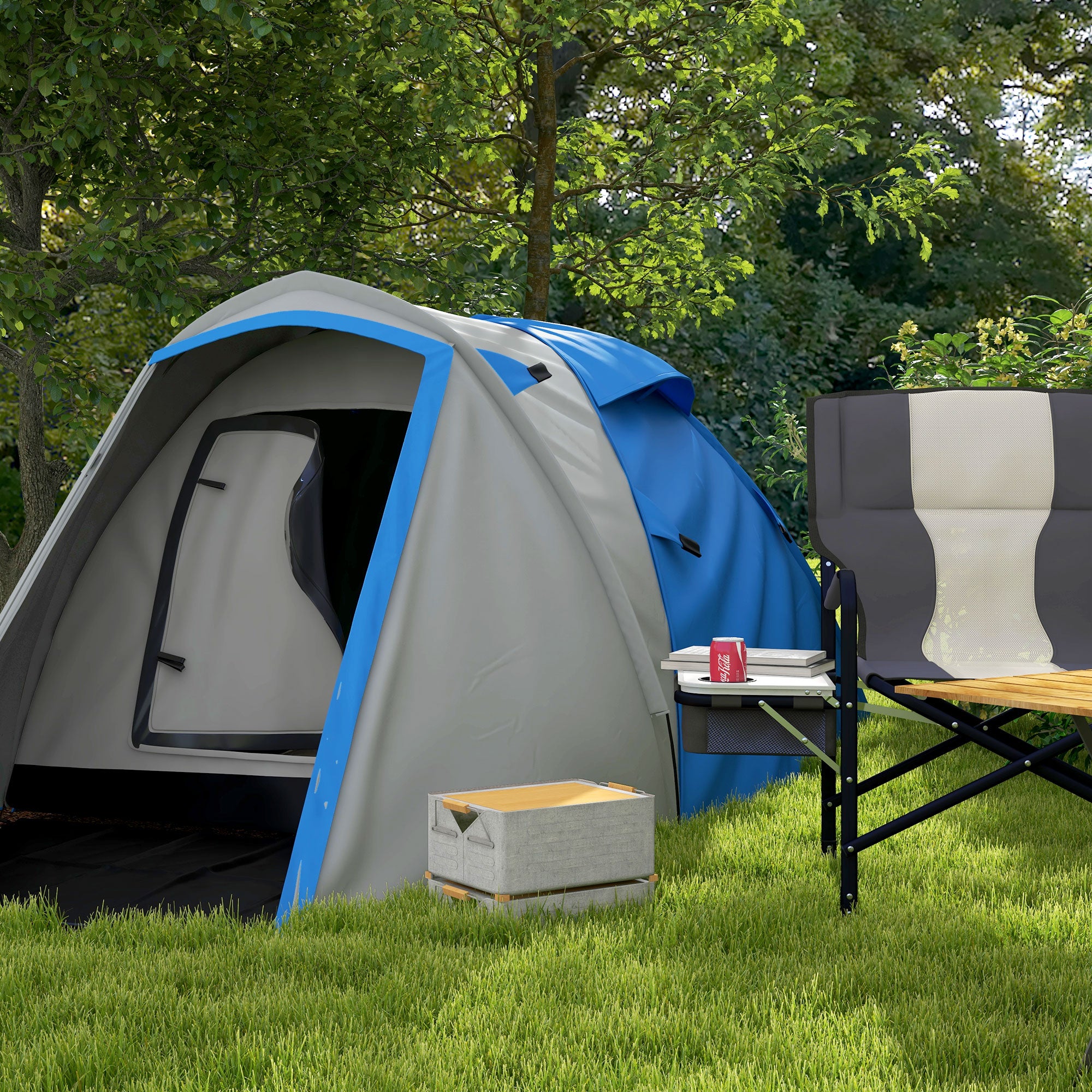 Outsunny Two-Man Dome Tent, with Front Porch and Accessories - Blue/Grey