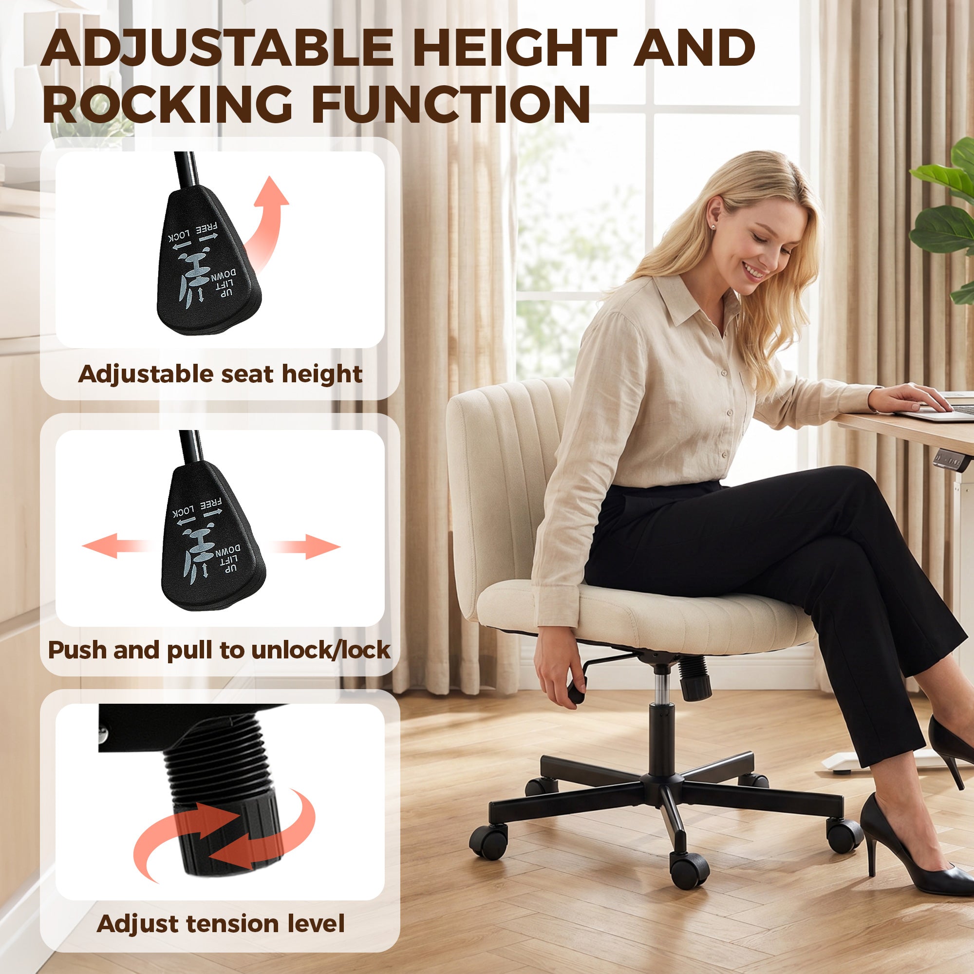 HOMCOM Imitation Linen Criss Cross Legged Desk Chair, Armless Office Chair with Wheels, Green