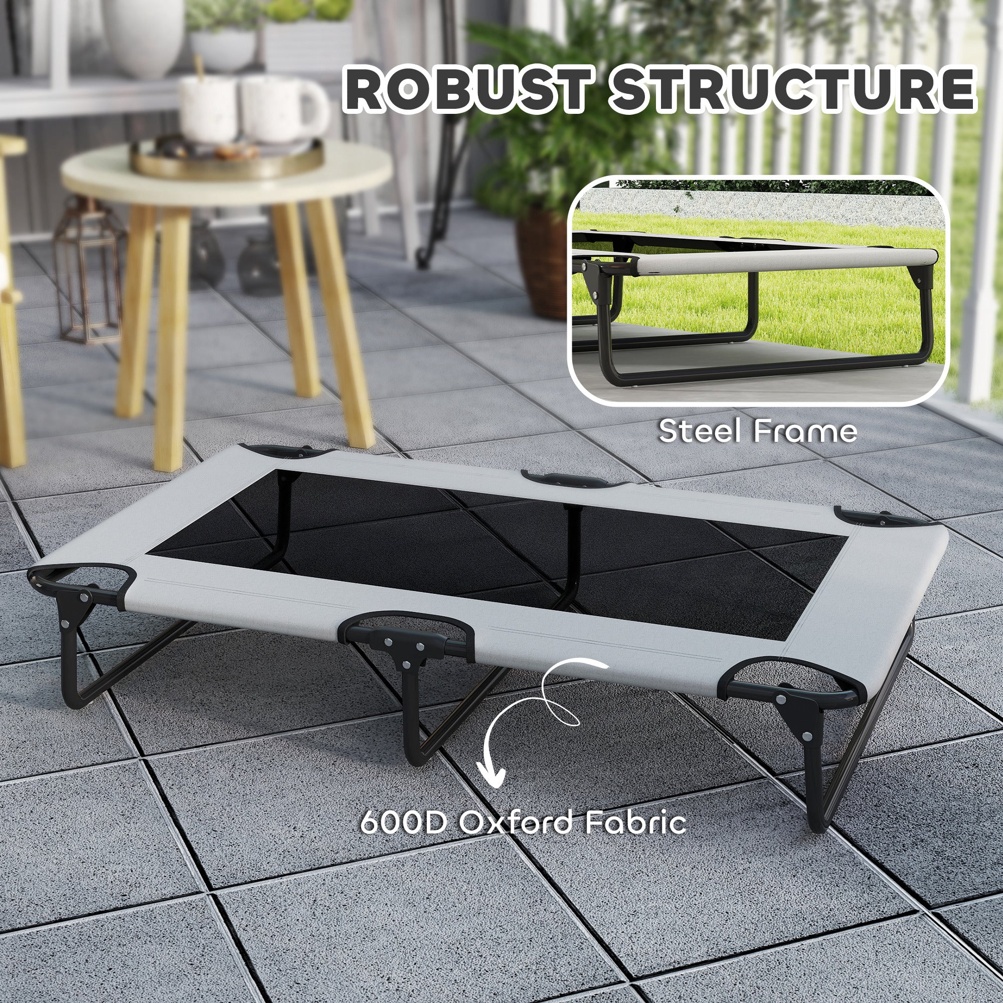 PawHut Portable Raised Dog Bed, Elevated Pet Cot with Breathable Mesh for Indoor Outdoor, for Large Dogs, Light Grey - North Peak Garden Furniture