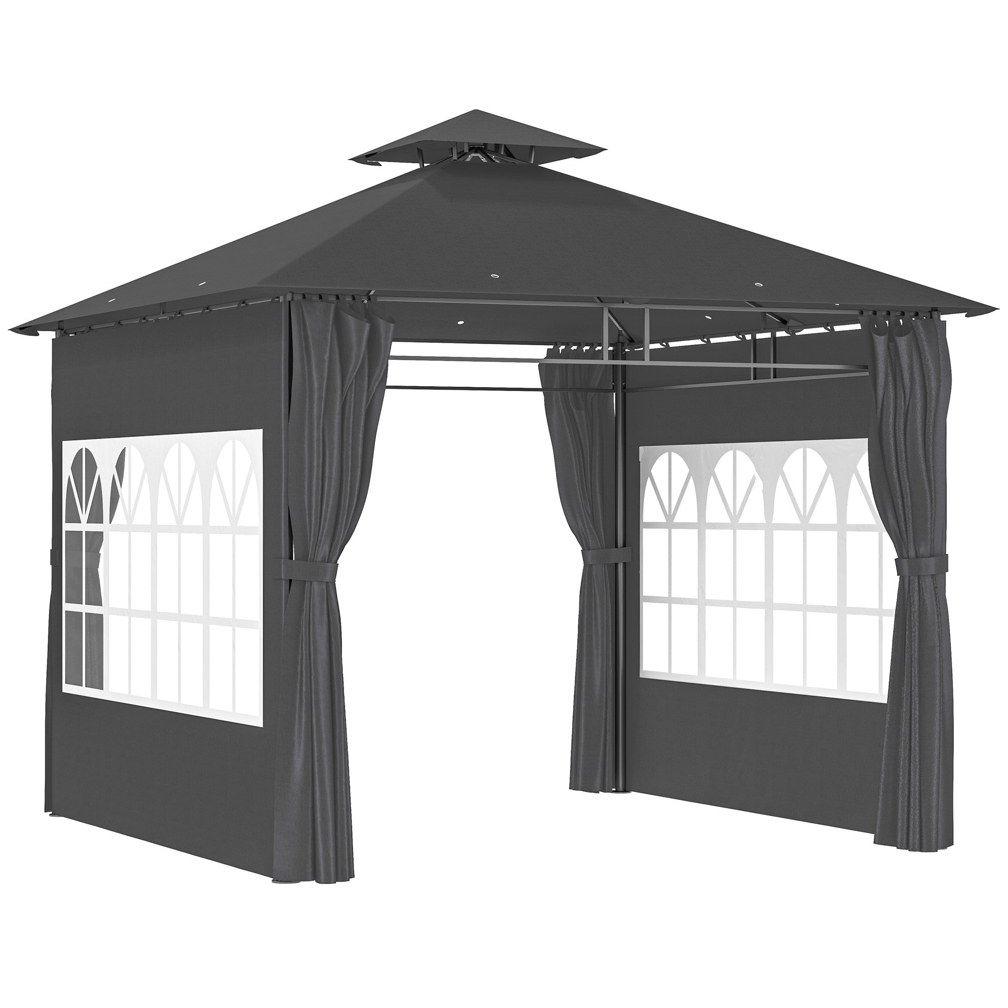 Outsunny 3 x 3 m Garden Gazebo, Double Roof Metal Gazebo with Removable Sidewalls and Church Windows, Outdoor Canopy Shelter, Dark Grey - North Peak Garden Furniture