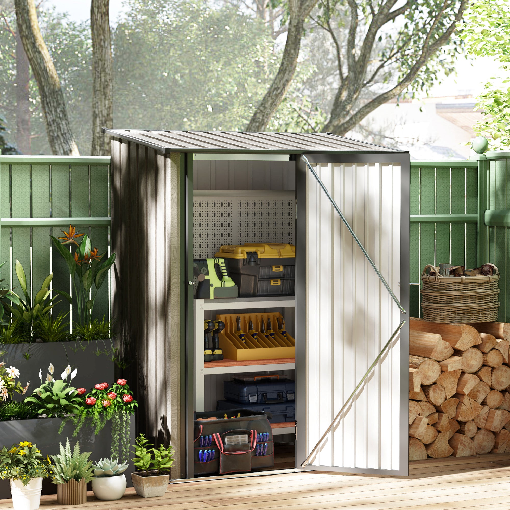 Outsunny 5ft x 3ft Metal Garden Storage Shed, Outdoor Tool Shed with Sloped Roof, Lockable Door for Tools, Equipment, Light Grey - North Peak Garden Furniture