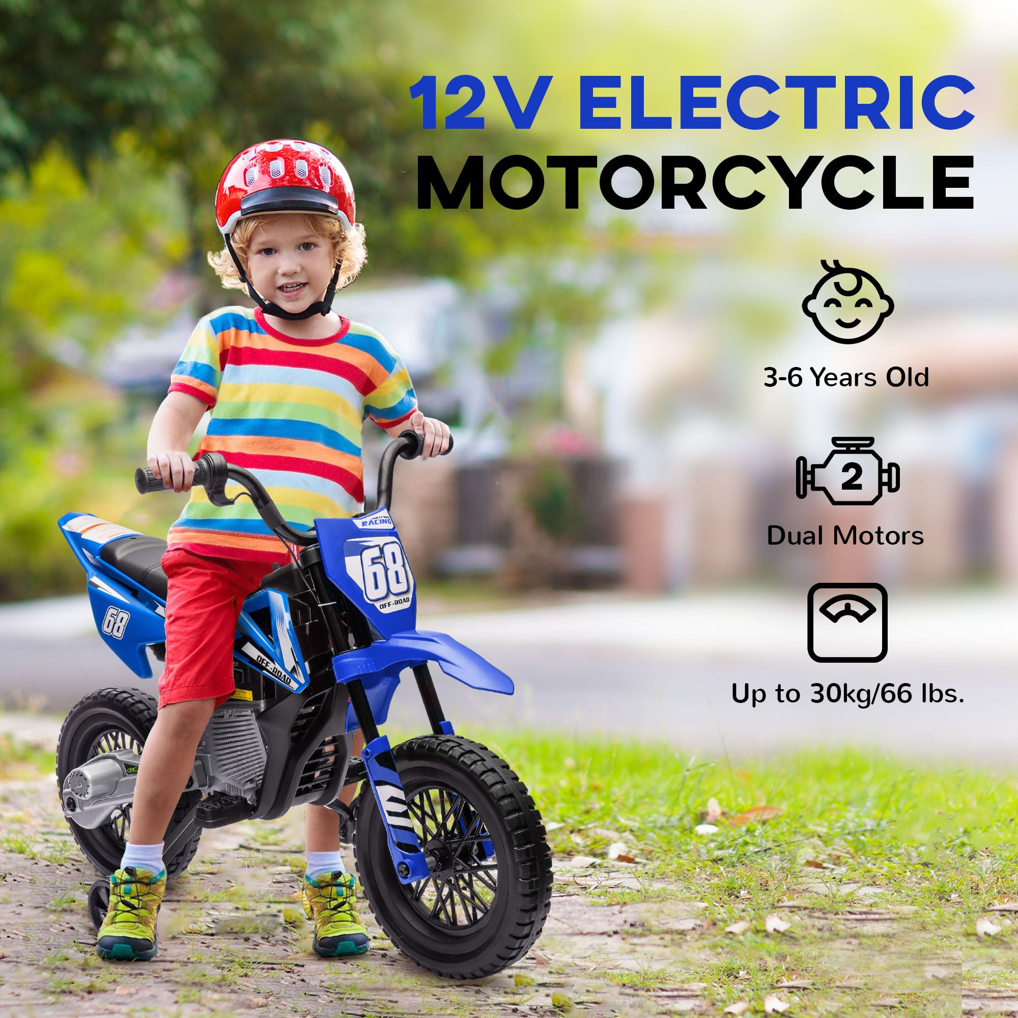 AIYAPLAY 12V Kids Electric Motorbike, Kids Electric Ride on motorcycle w/ Twist Grip Throttle, Training Wheels, Blue - North Peak Garden Furniture